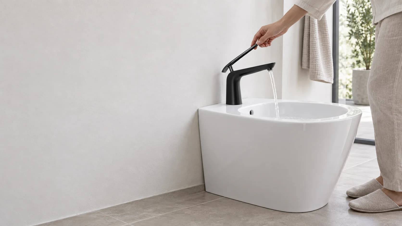 Die schwarze EYN Bidetarmatur BB1402 ist fachgerecht auf einem Sanitärbidet montiert, während eine Person von rechts den Bedienhebel betätigt.