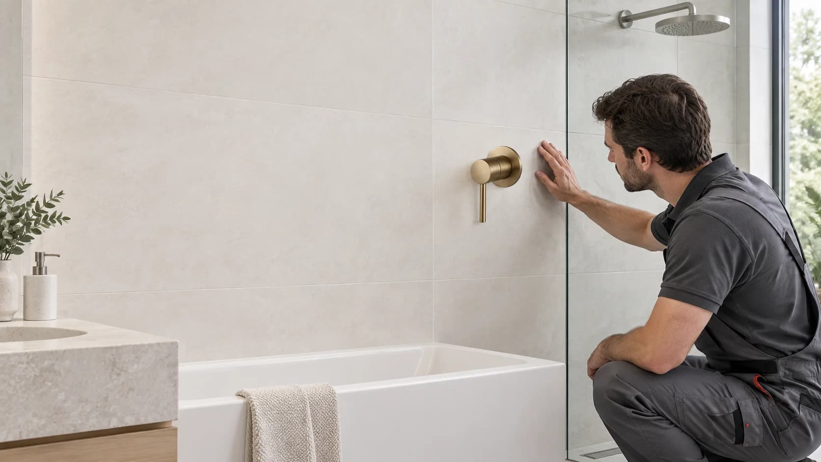 Ein Installateur prüft auf der rechten Seite des Badezimmers das Unterputz-Mischventil EYN BFP1543 für Dusche und Badewanne mit runder Rosette.
