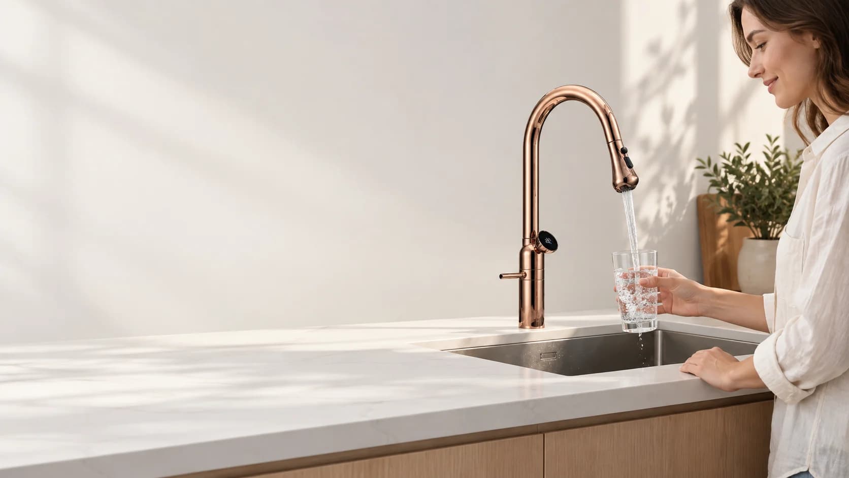 Roségoldene Einhebel-Küchenarmatur KF1694 auf einer Spüle, während eine Person unter dem runden Wasserstrahl ein Glas füllt.