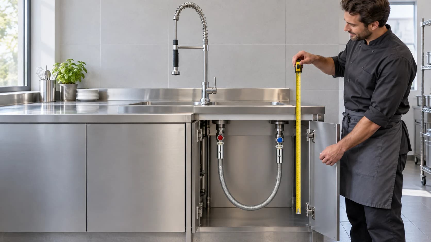 Eine Person prüft an einem Gastro-Spülbecken einen 100 cm langen Schlauch für eine Spülbrause mit 1/2-Zoll-Anschluss.