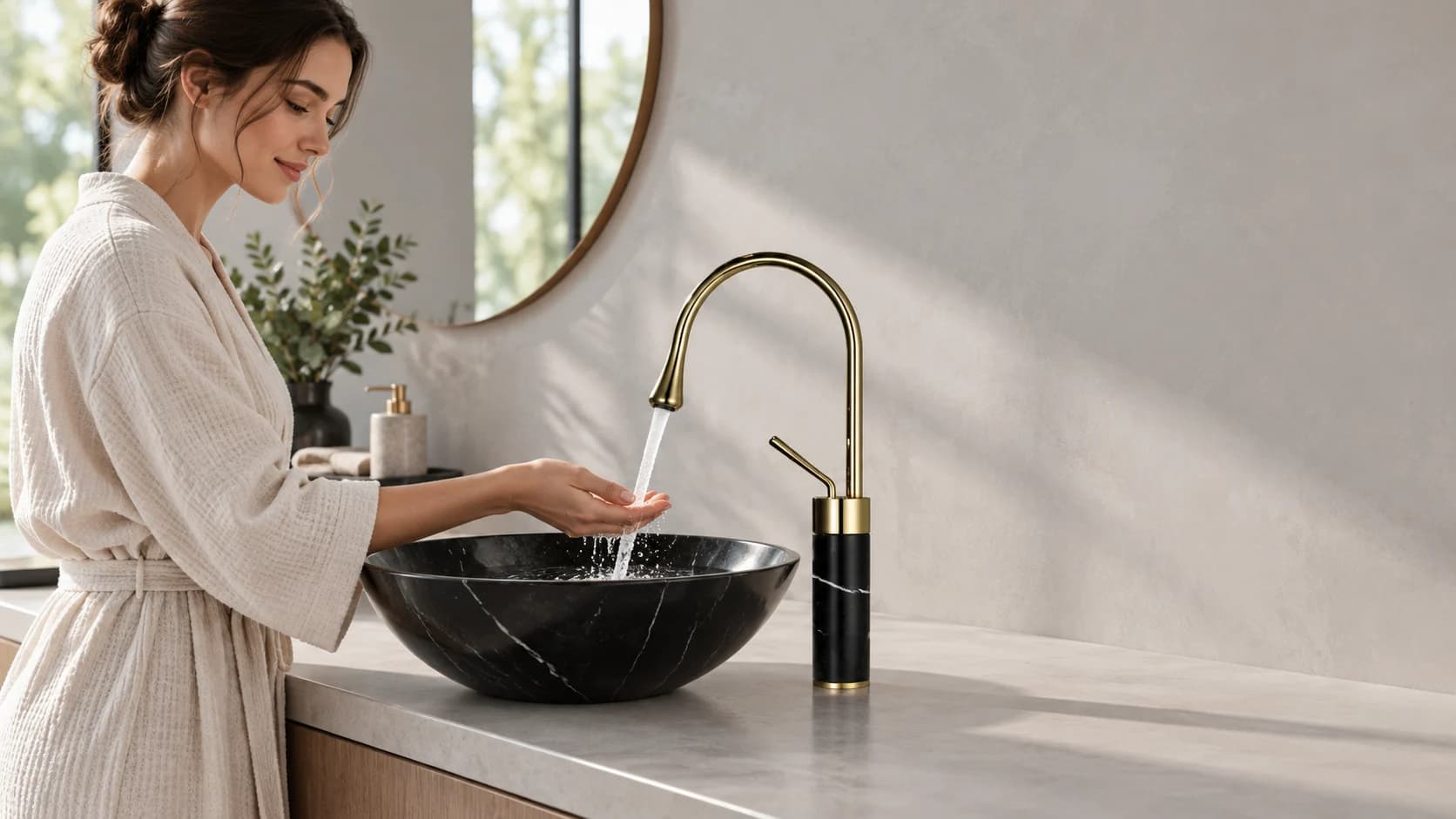 EYN Badarmatur BF0954 auf der Waschtischplatte neben dem Waschbecken, während eine Person den Wasserstrahl prüft.