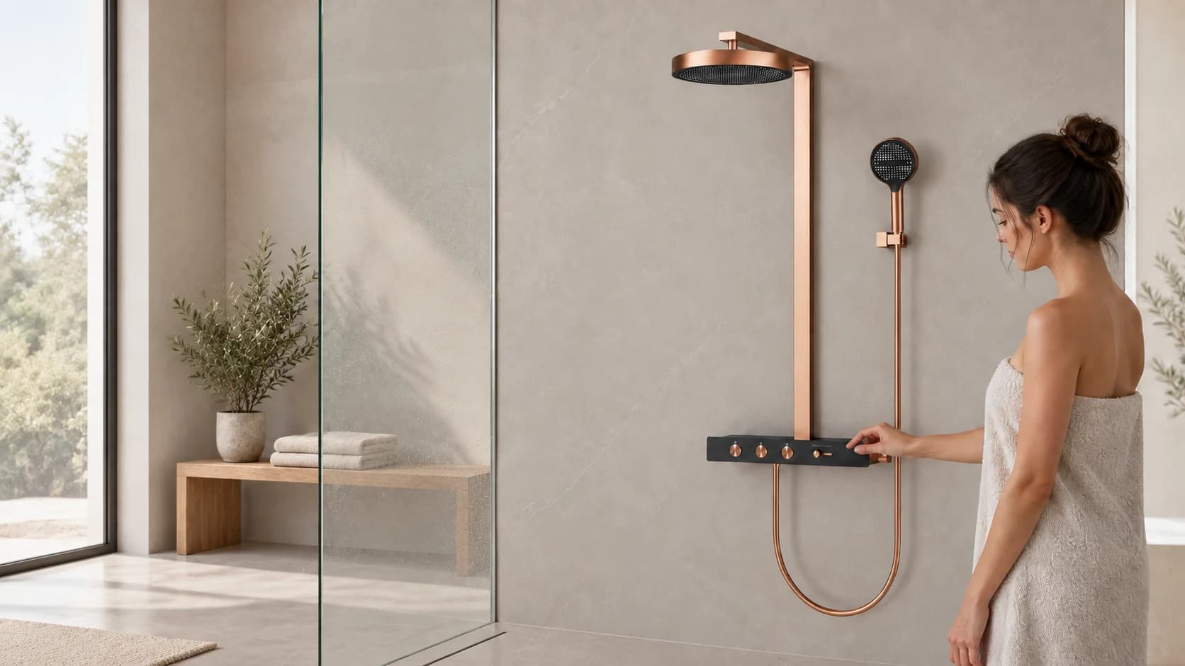 Bronzefarbenes Duschsystem BSW1727 mit schwarzer Bedienablage in einem Badezimmer in Steinoptik; eine Frau prüft die Bedienung.