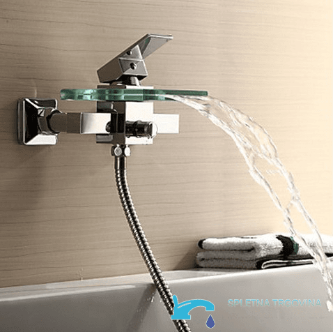 Wand-Wannenarmatur EYN SK9024 in Chrom mit LED und Wasserfallauslauf aus Glas