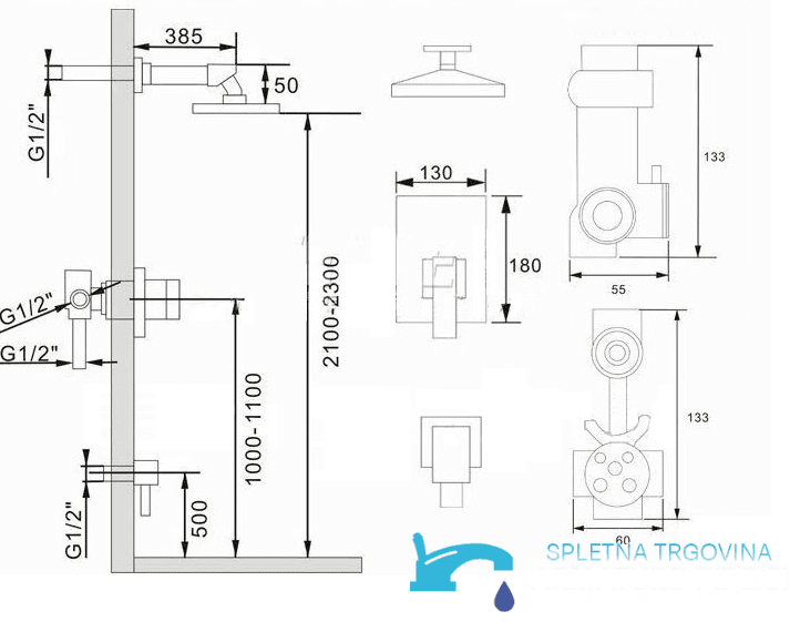 Unterputz-Duschsystem EYN PT85079 aus Messing mit LED in mehreren Farbausführungen