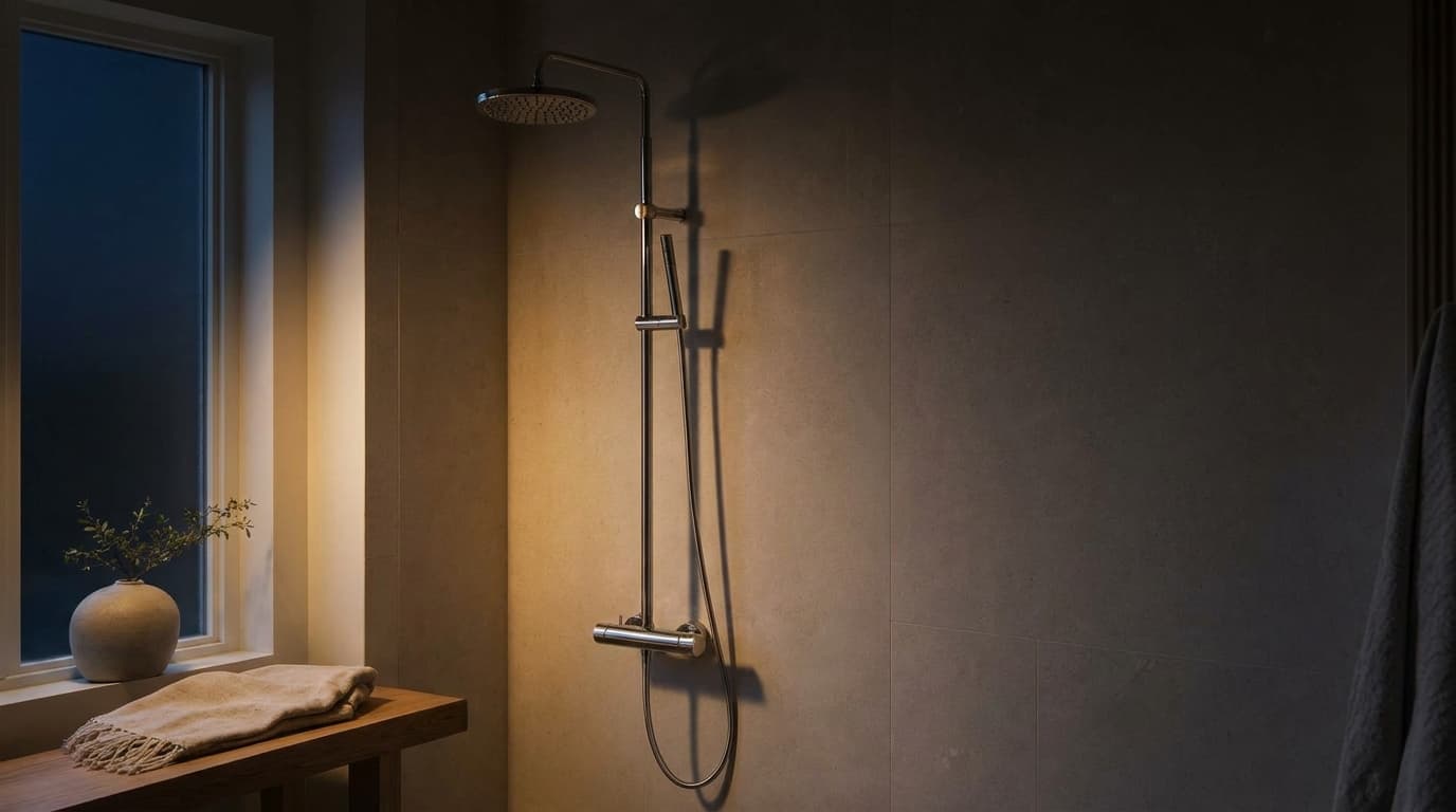 Aufputz-Thermostat-Duschsystem mit Regendusche, Mischbatterie und Handbrause an der Wand eines hellen Badezimmers