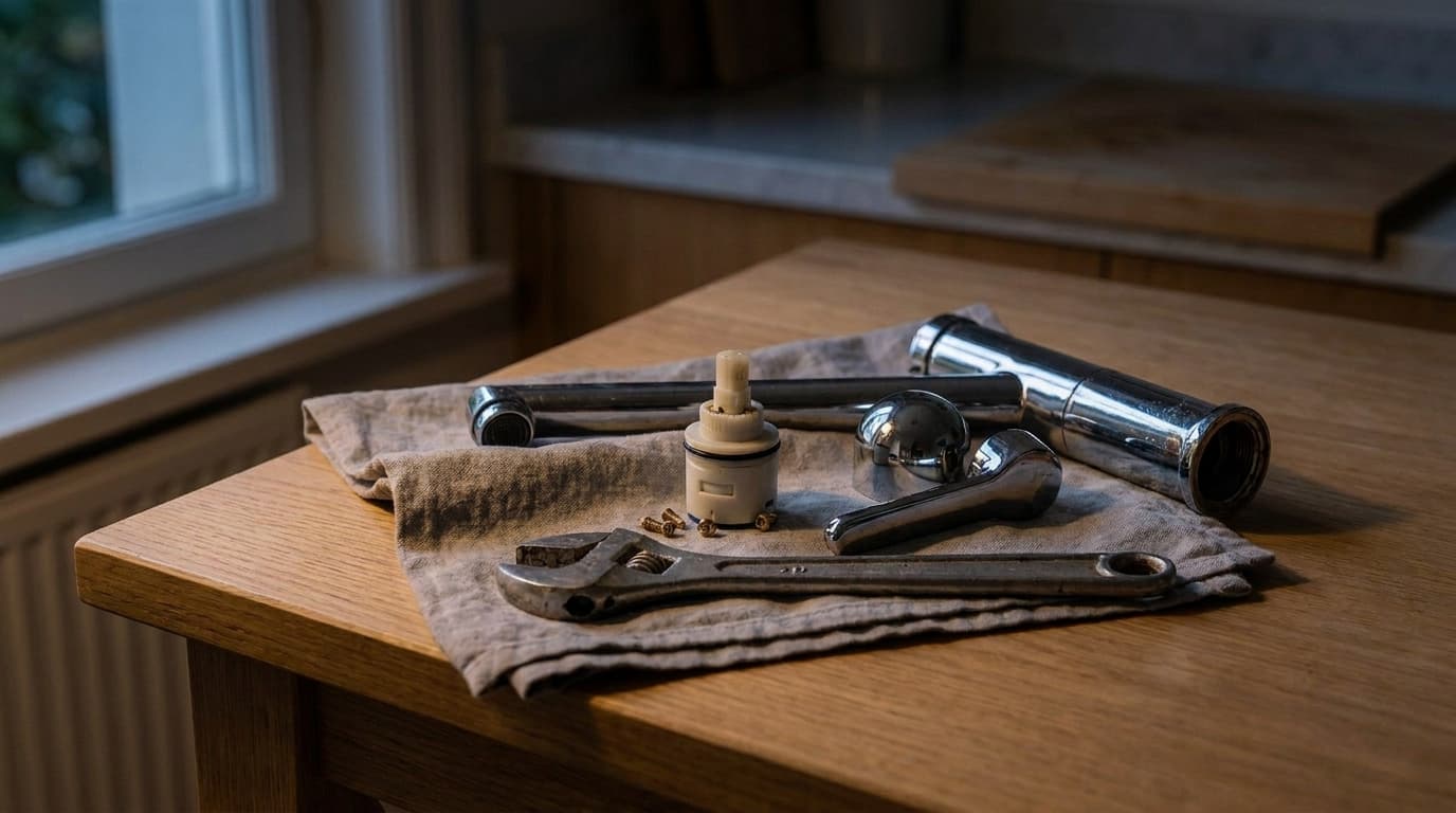 Zerlegte Einhebelarmatur mit Keramikkartusche und Werkzeug auf einem Holztisch