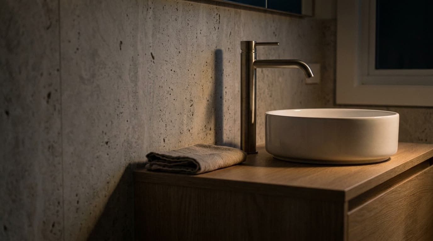 Hohe Badarmatur in gebürstetem Nickel an einem Aufsatzwaschbecken auf einem Eichenunterschrank