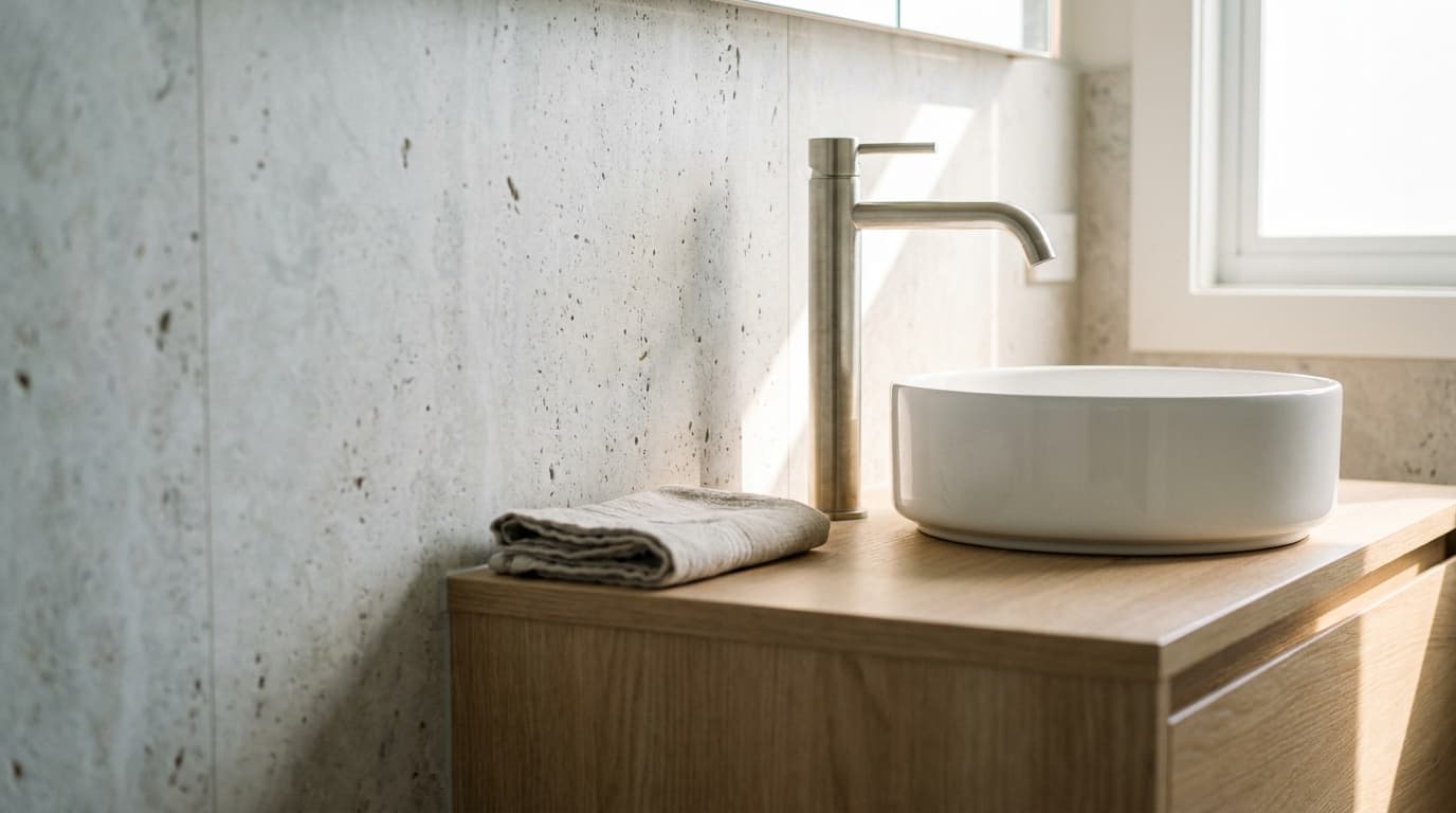 Hohe Badarmatur in gebürstetem Nickel an einem Aufsatzwaschbecken auf einem Eichenunterschrank