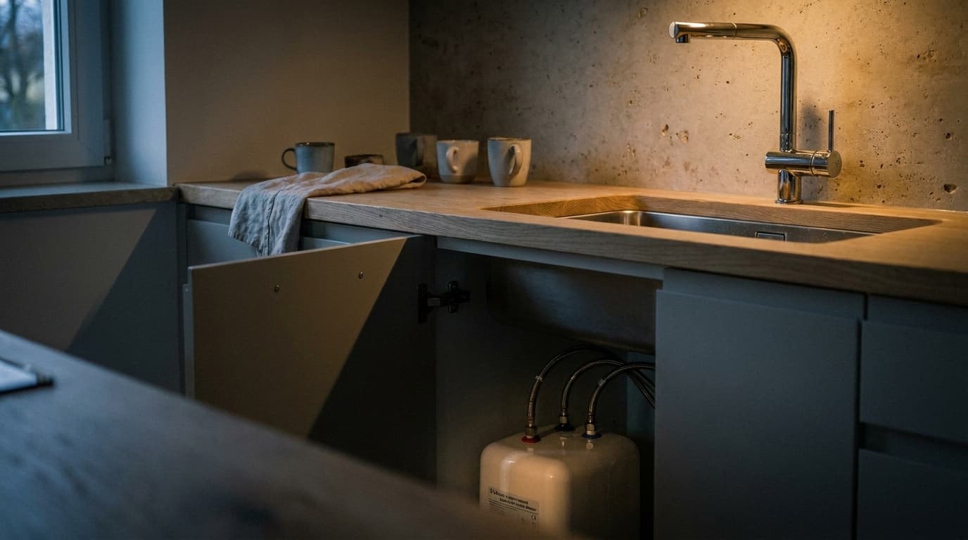Verchromte Niederdruck-Küchenarmatur über der Spüle und offener Unterschrank mit drucklosem Speicher und drei Anschlussschläuchen