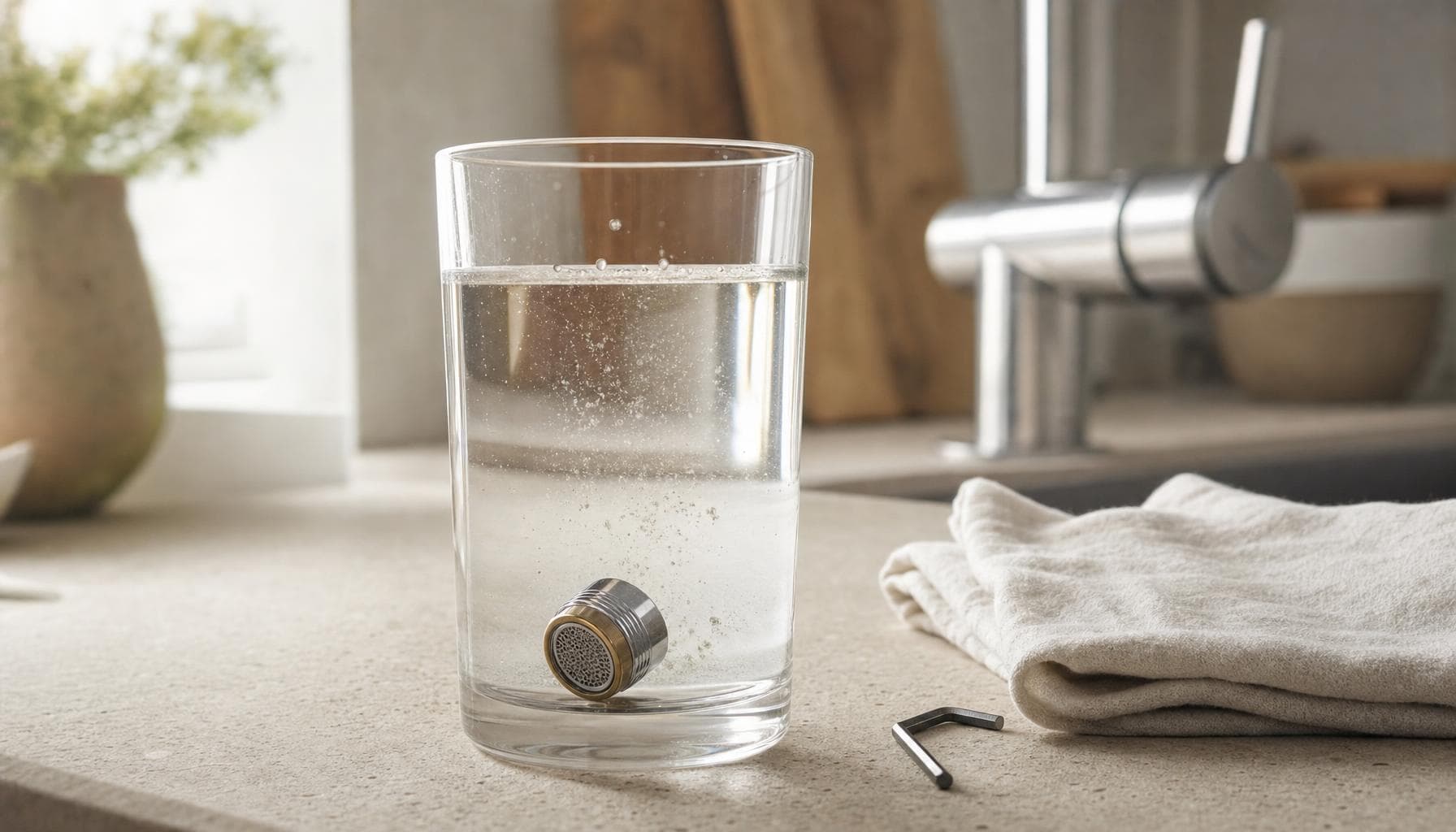 Abgeschraubter Strahlregler in einem Glas warmem Wasser mit Reiniger, verchromte Armatur im Hintergrund