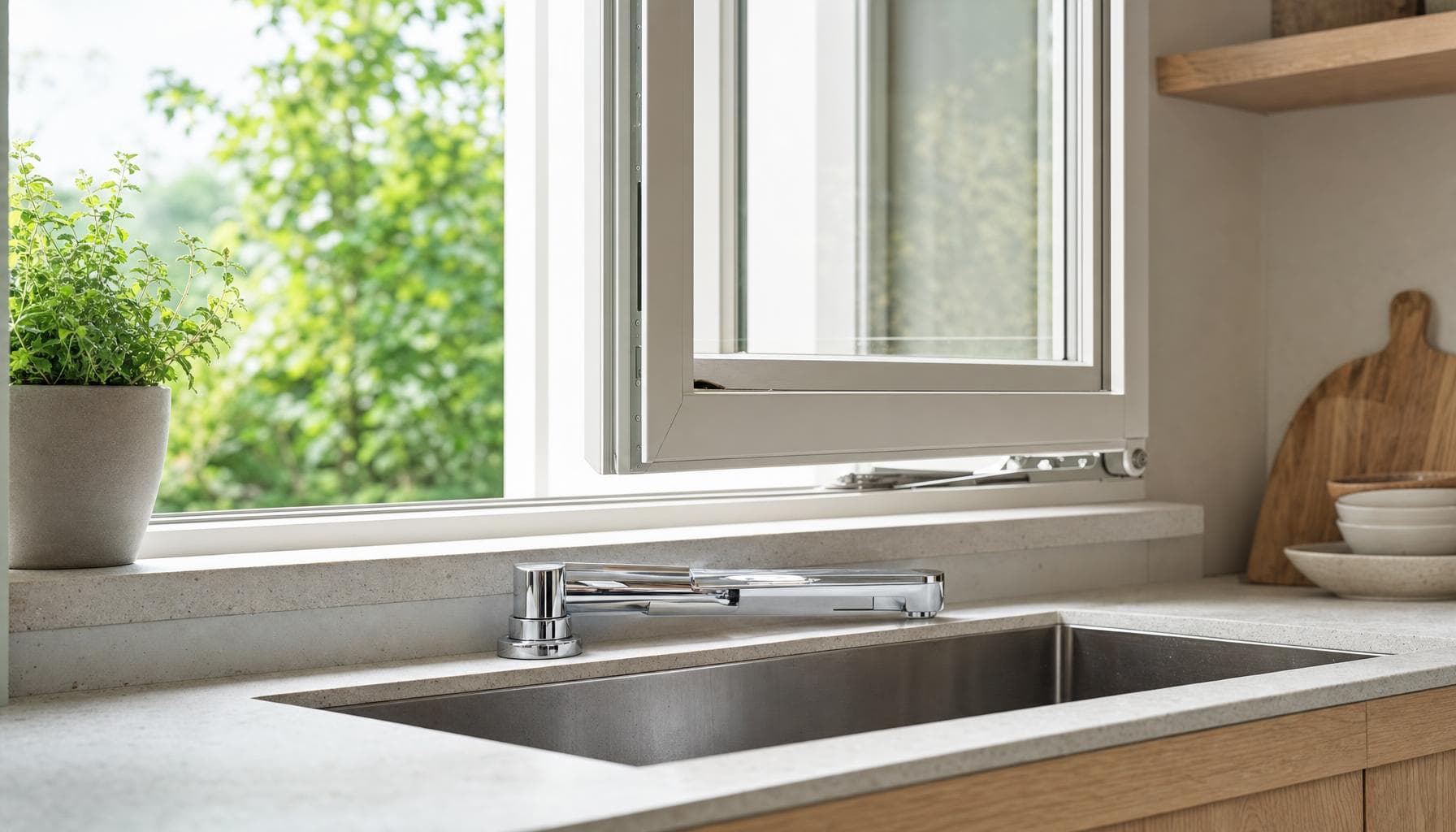 Küchenspüle vor einem Fenster mit klappbarer Armatur, auf die Arbeitsplatte umgelegt, und geöffnetem Fensterflügel