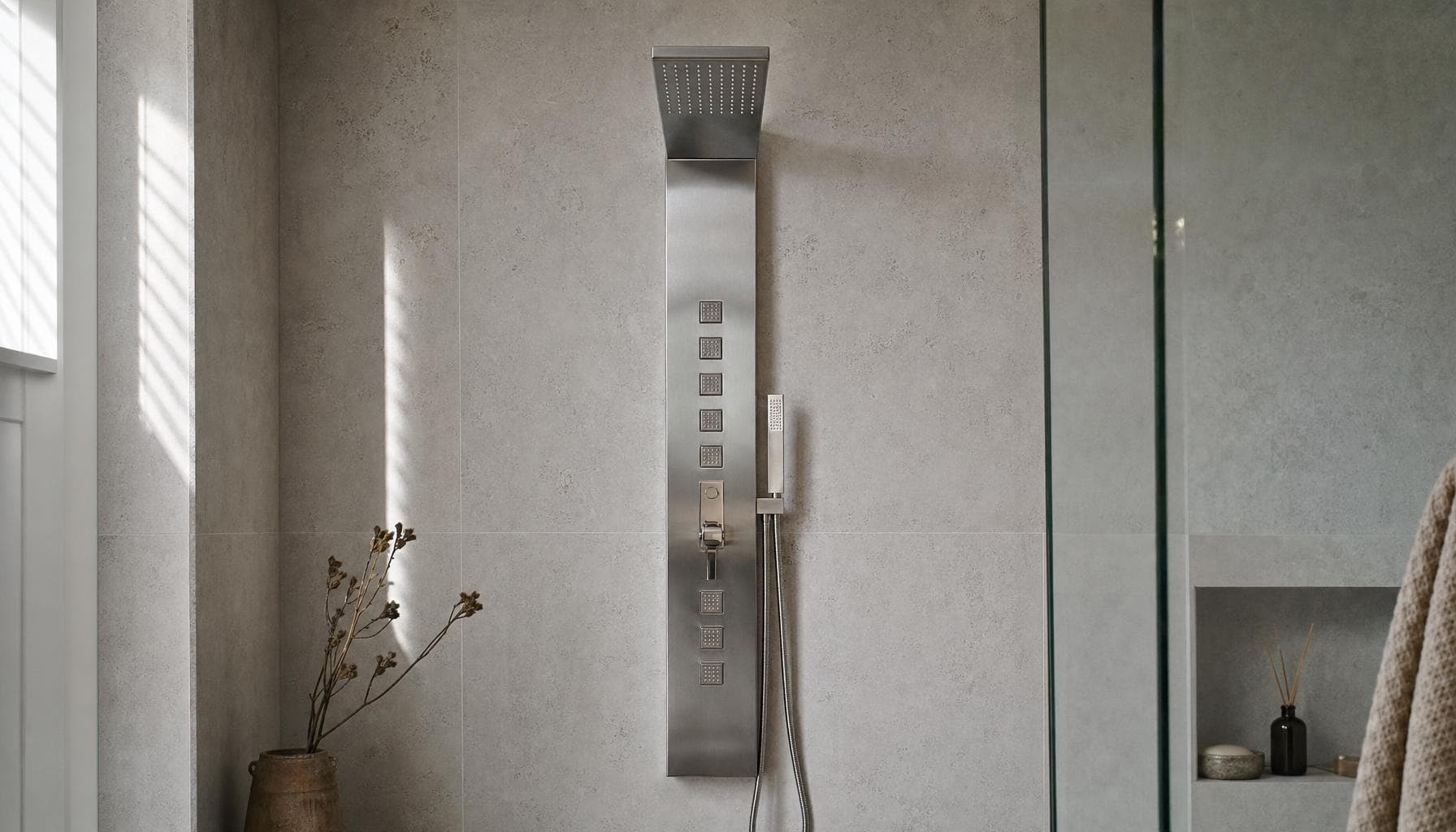 Aufputz-Duschpaneel mit Regendusche und Handbrause, an einer gefliesten Wand eines kleinen Badezimmers montiert
