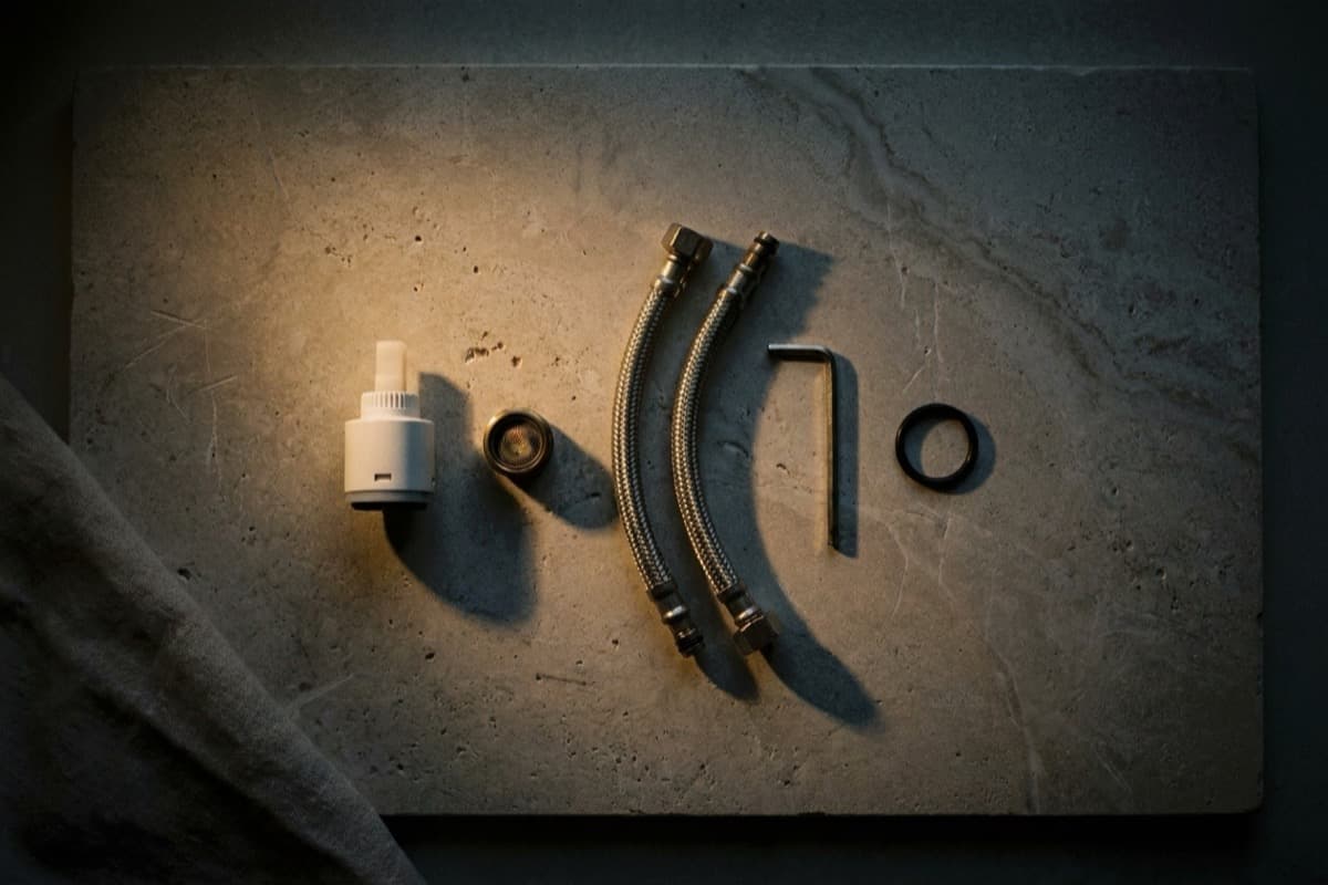Kartusche, Brausekopf, Schläuche und Strahlregler auf hellem Stein