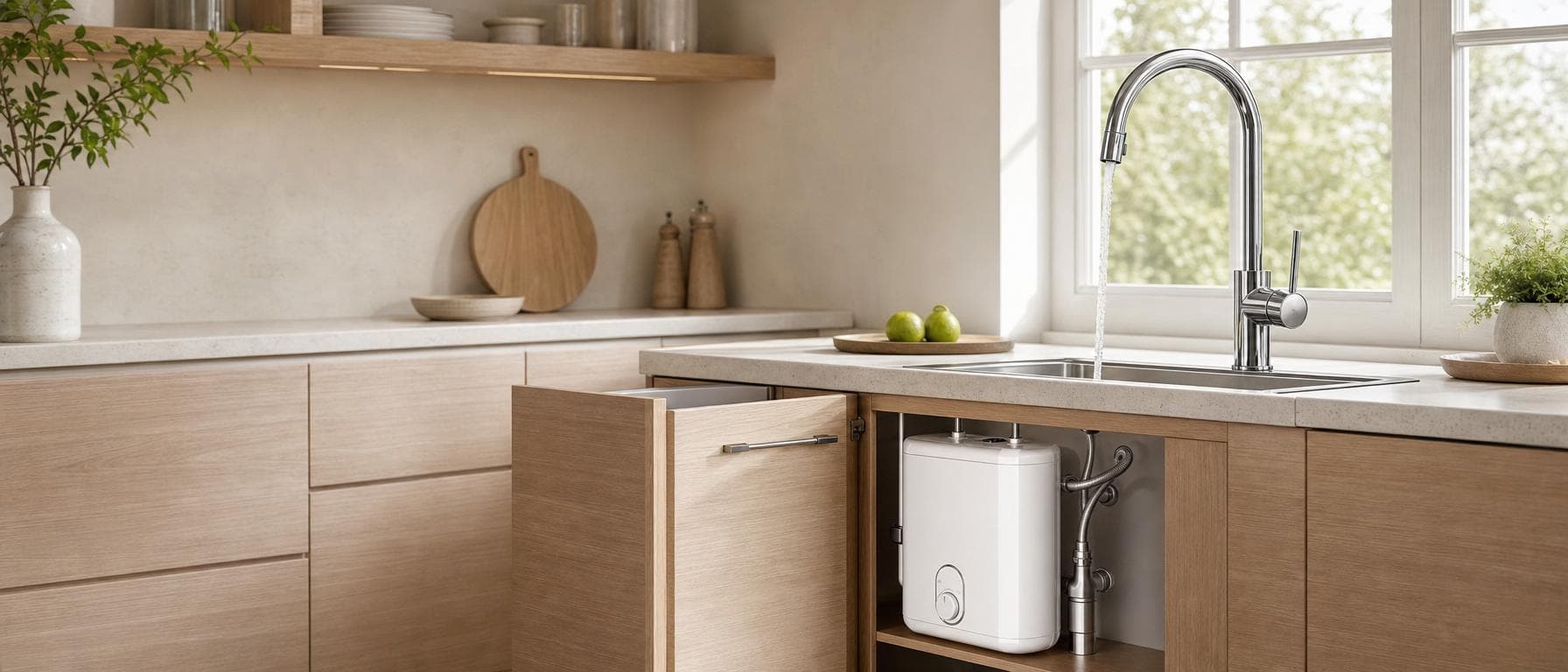Niederdruck-Küchenarmatur mit Warmwasserspeicher im Unterschrank