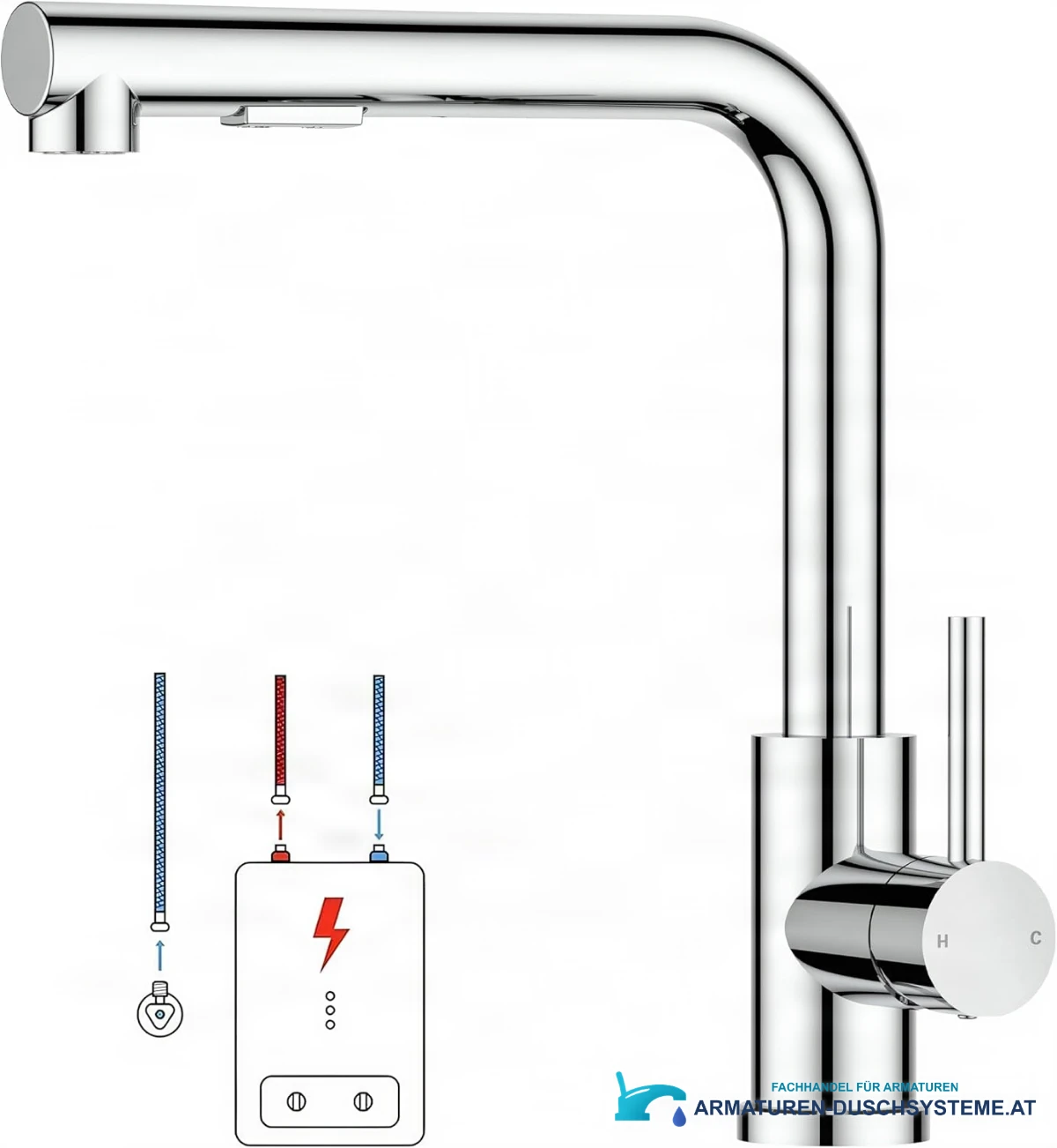 Niederdruck-Küchenarmatur ELITE EDITION KFL2244 mit Ausziehbrause und Schwenkauslauf in Silber, Chrom oder Mattschwarz — Ansicht 25