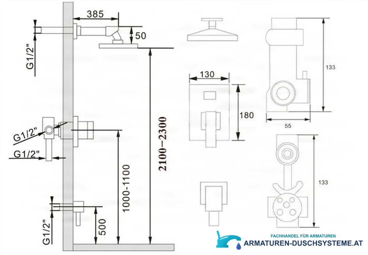 Technische Zeichnung des Unterputz-Duschsystems EYN PT77075 mit Maßen und G1/2-Anschlüssen