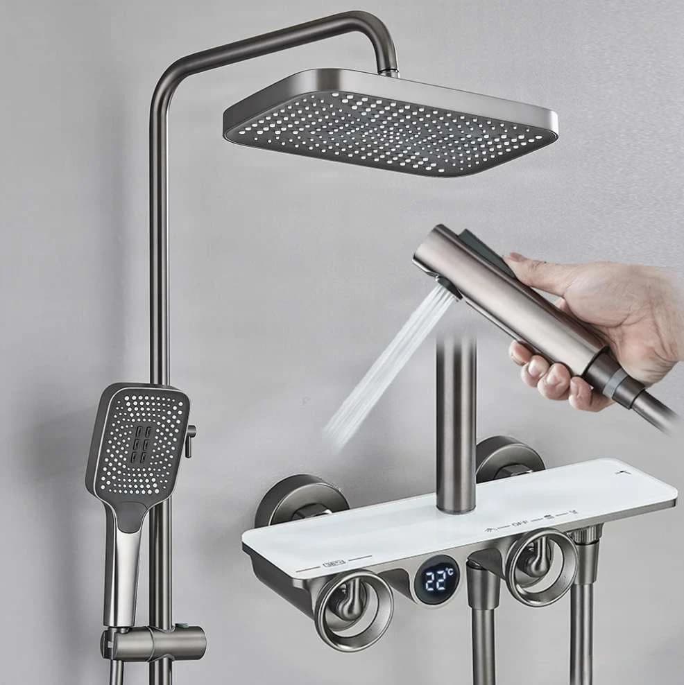 Aufputz-Duschsystem ELT1104 mit Thermostat, Digitalanzeige und mehreren Farbausführungen, gebürstet