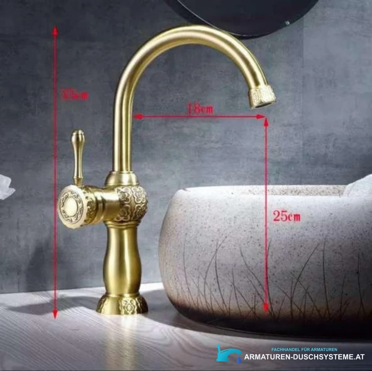 Maßangaben der goldfarbenen Waschtischarmatur BK3242: 35 cm Höhe, 18 cm Ausladung