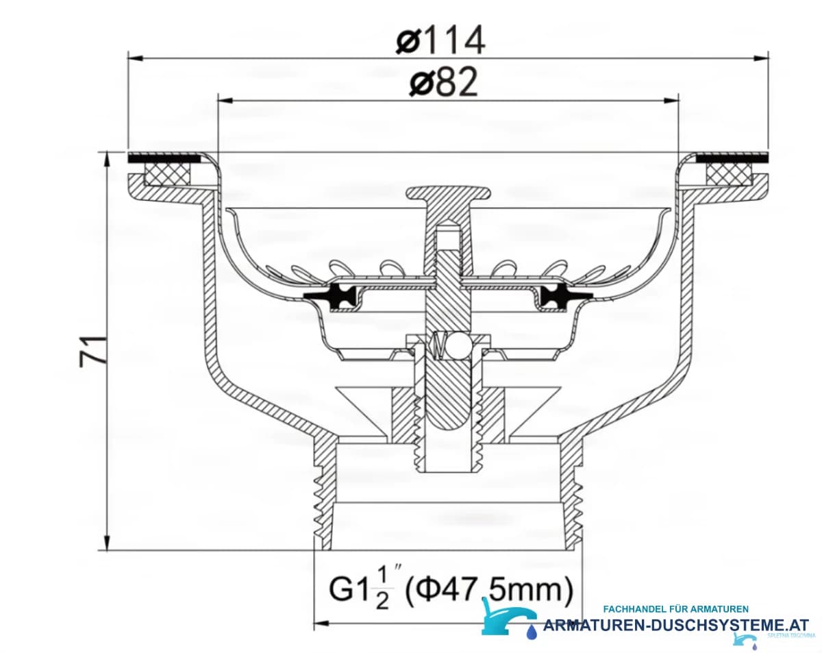 Technische Zeichnung des Spülenablaufs EYN GBP1504 mit Ø 114 mm, Höhe 71 mm und G1½