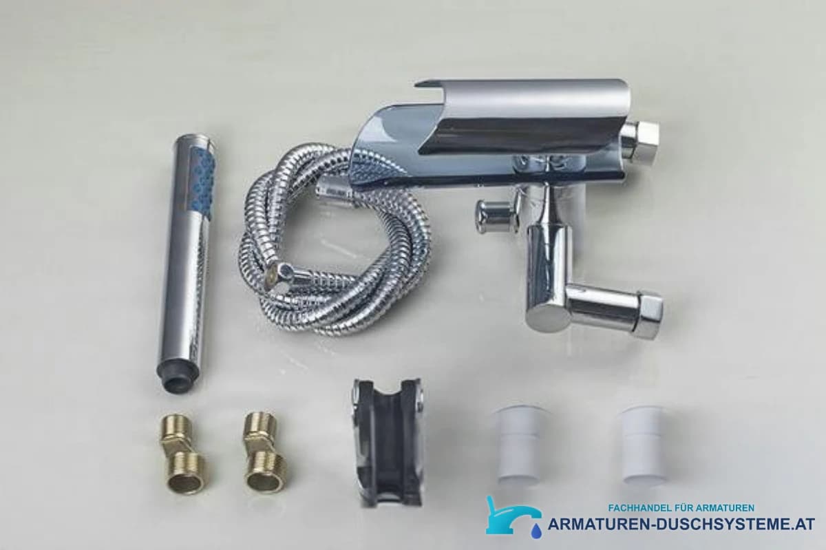 Wandarmatur für Badewanne mit Wasserfallauslauf SK5549 – Set mit Handbrause und Schlauch