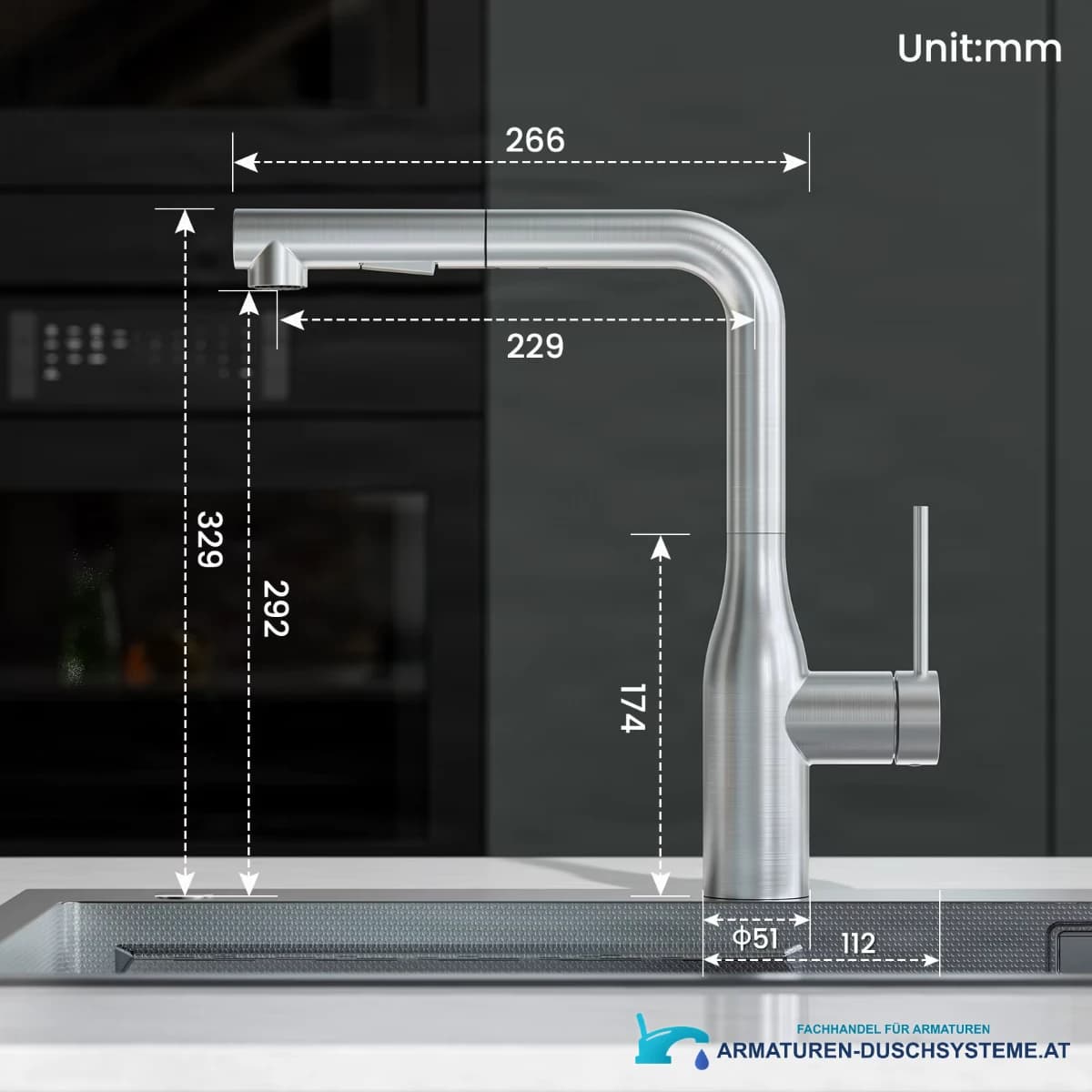 Technische Zeichnung der CECIPA MAX Küchenarmatur ELITE EDITION KF1699 mit 329 mm Höhe