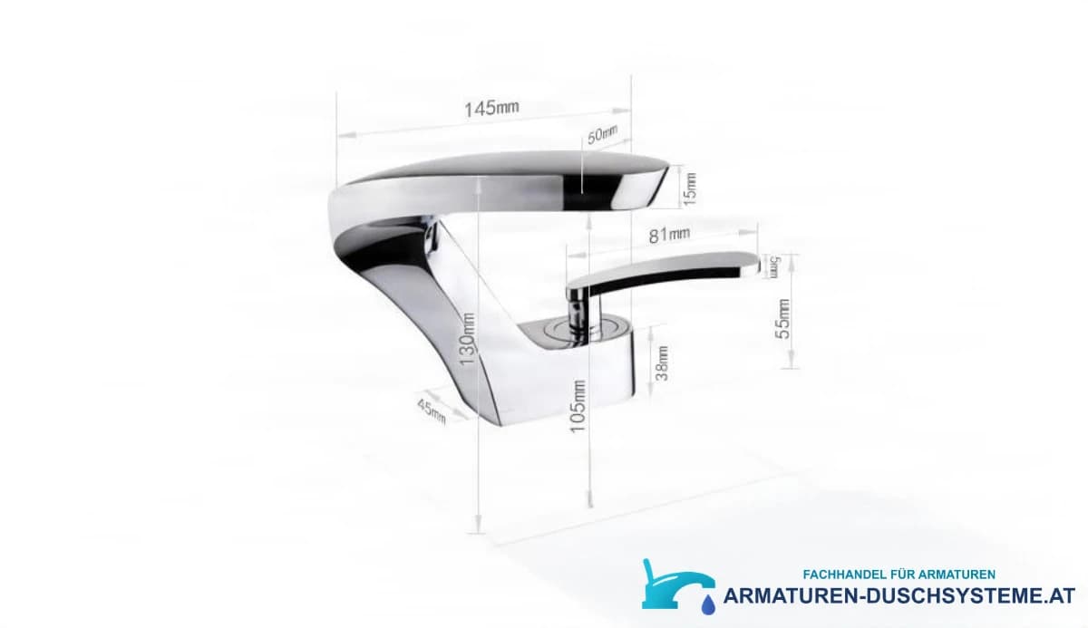 Technische Zeichnung der Küchen-/Badarmatur KA17318 mit 145 mm Länge und 130 mm Höhe