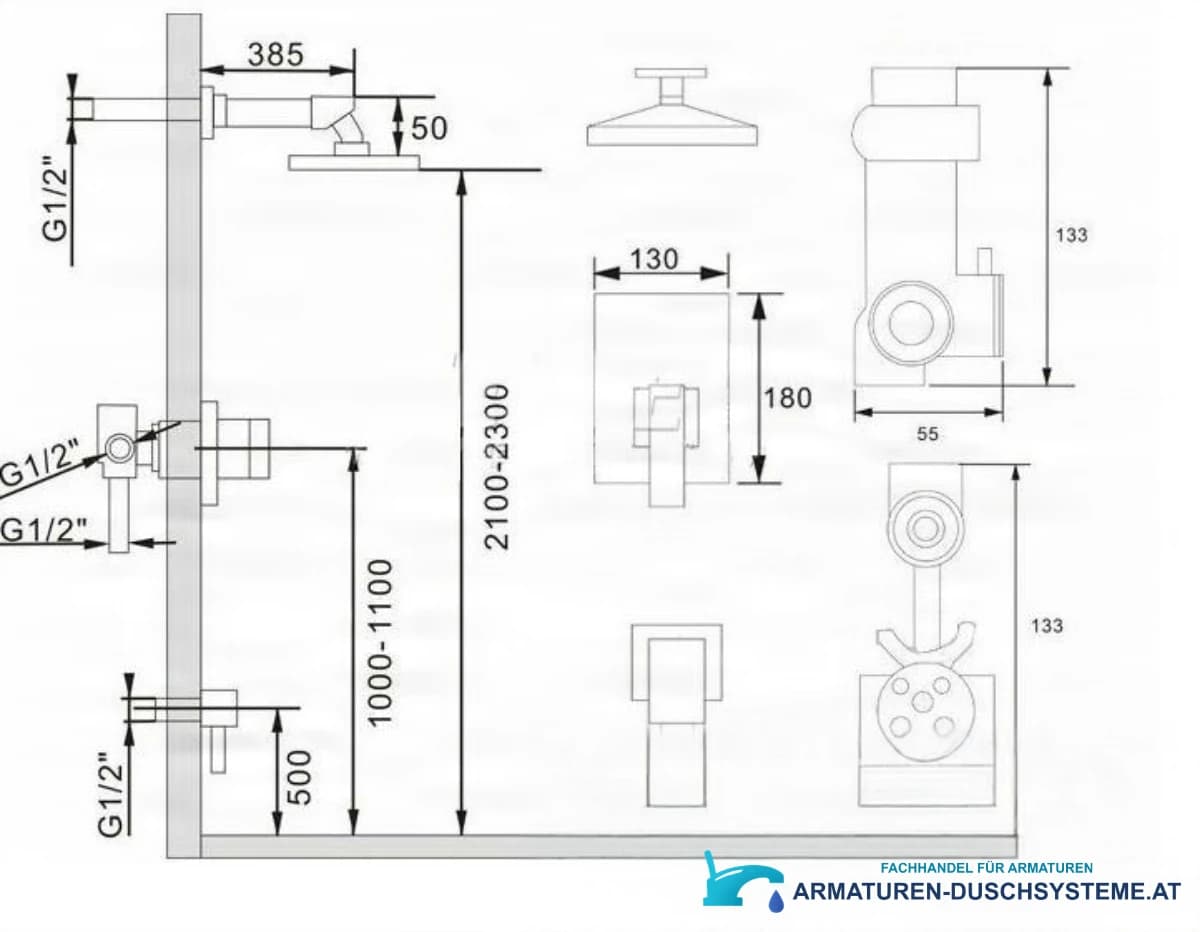 Technische Zeichnung des Unterputz-Duschsystems PT69359 (2100–2300 mm, G1/2)