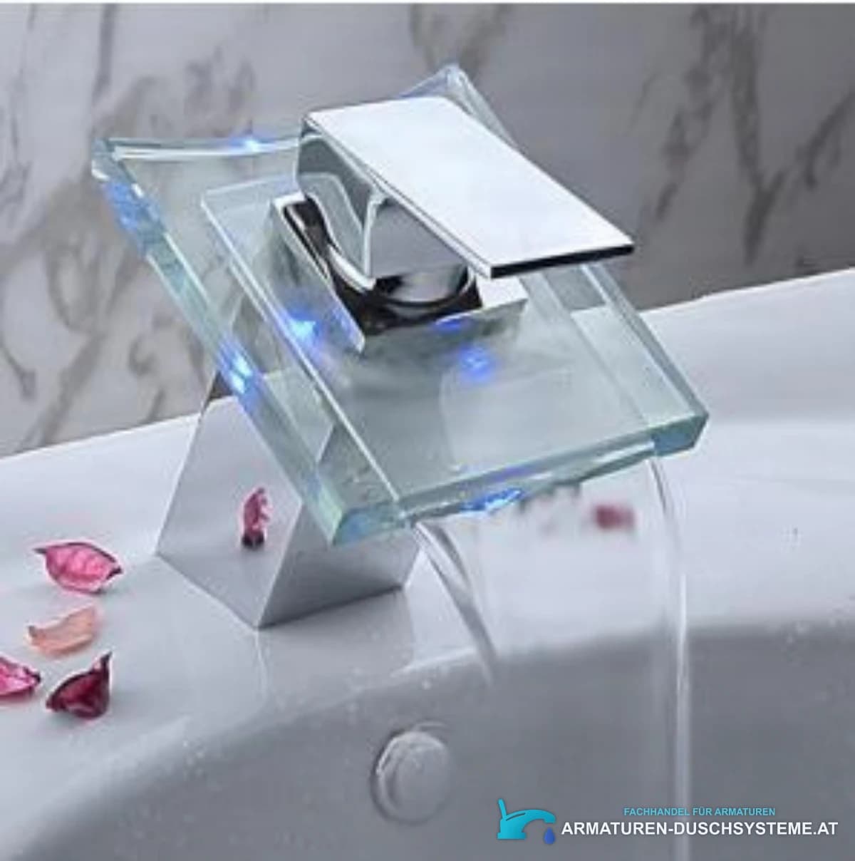 Wasserfall-Waschtischarmatur EYN cq0812 in poliertem Chrom mit Glasauslauf