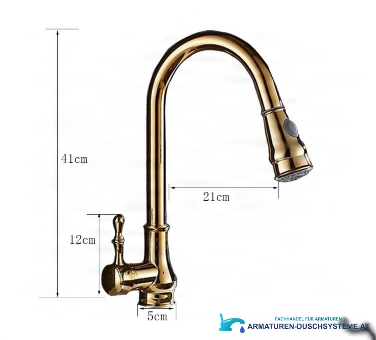 Maßangaben der ausziehbaren Küchenarmatur KZI5176: 41 cm Höhe und 21 cm Ausladung