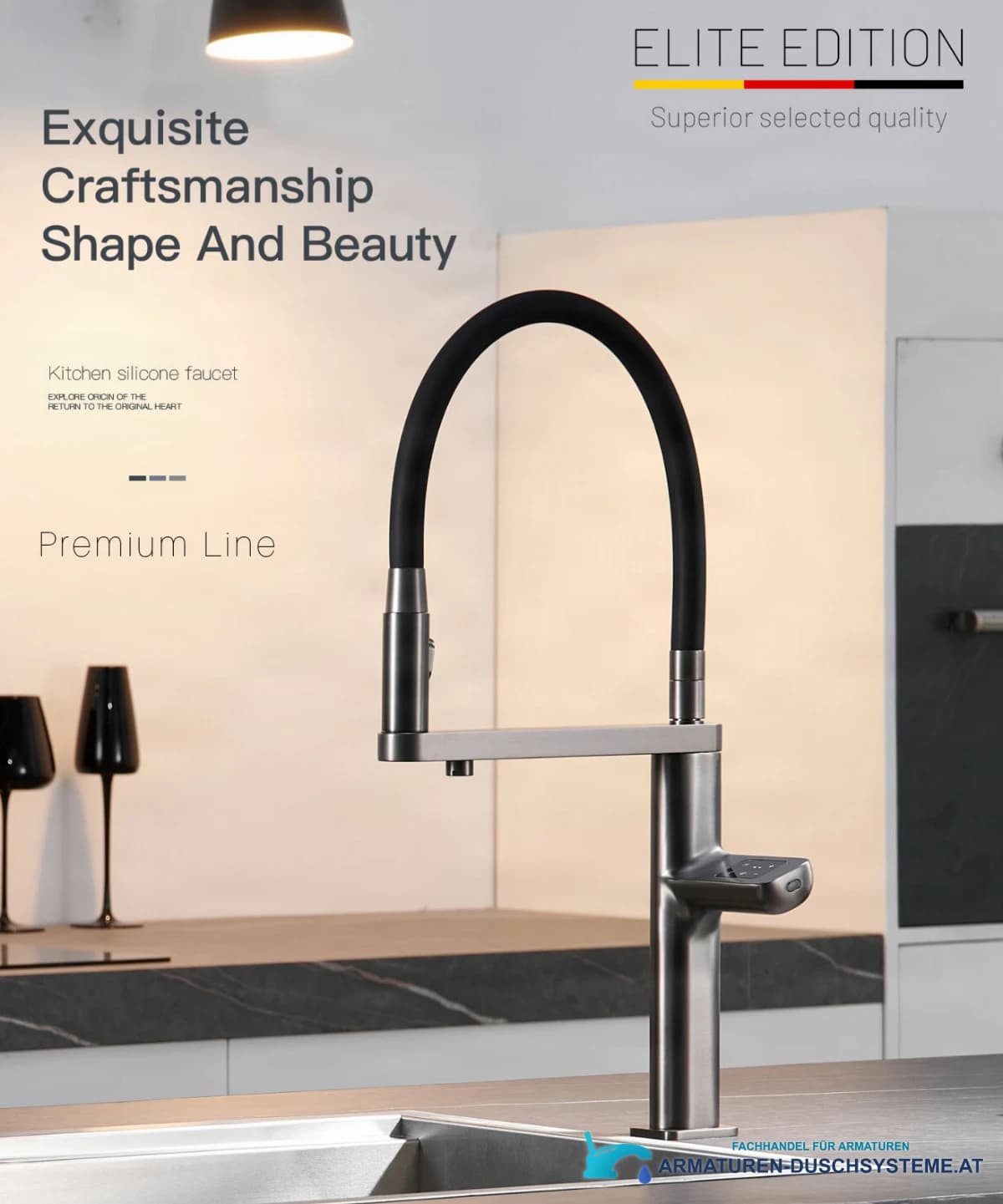 Luxus-Küchenarmatur ELITE EDITION mit Sensor und Filterauslauf KFS1814 in gebürstetem Graphitgrau