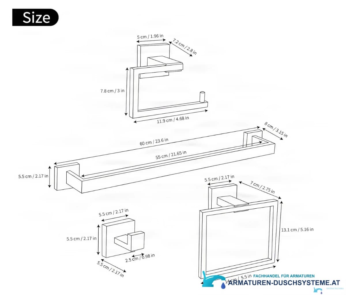 Technische Zeichnung des Badezimmer-Accessoire-Sets BA1214 mit Handtuchstange, Ring, Halter und Haken
