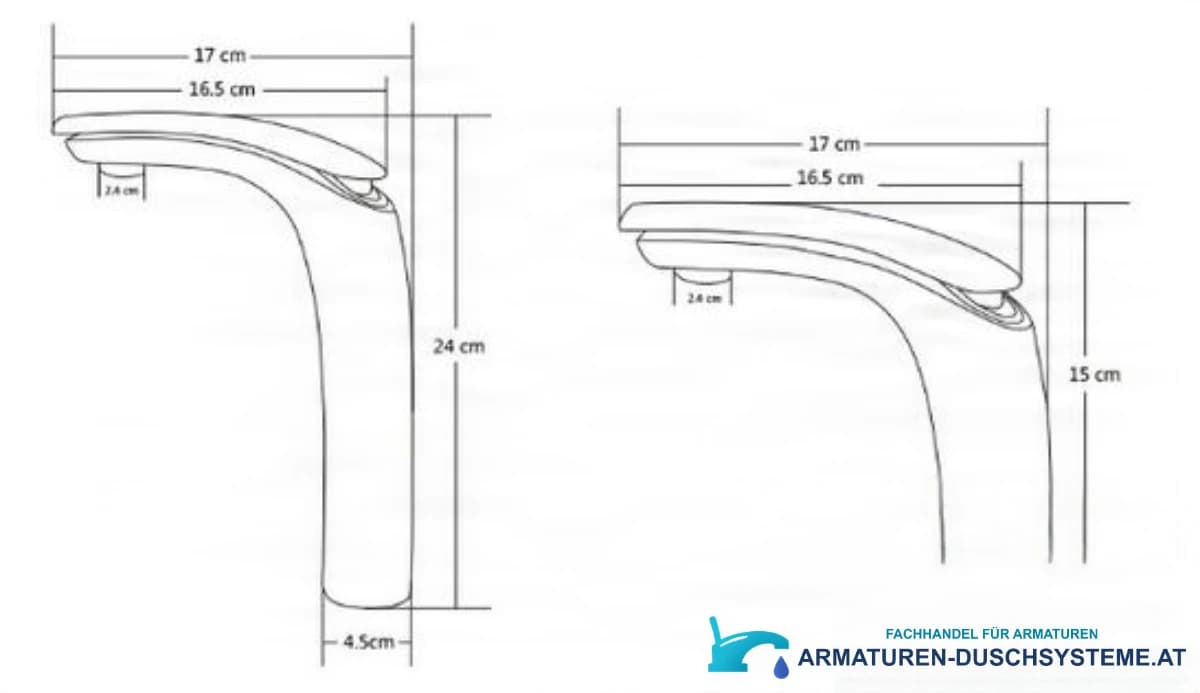 Technische Zeichnung der Badarmatur KAB6116 mit 15 und 24 cm Höhe