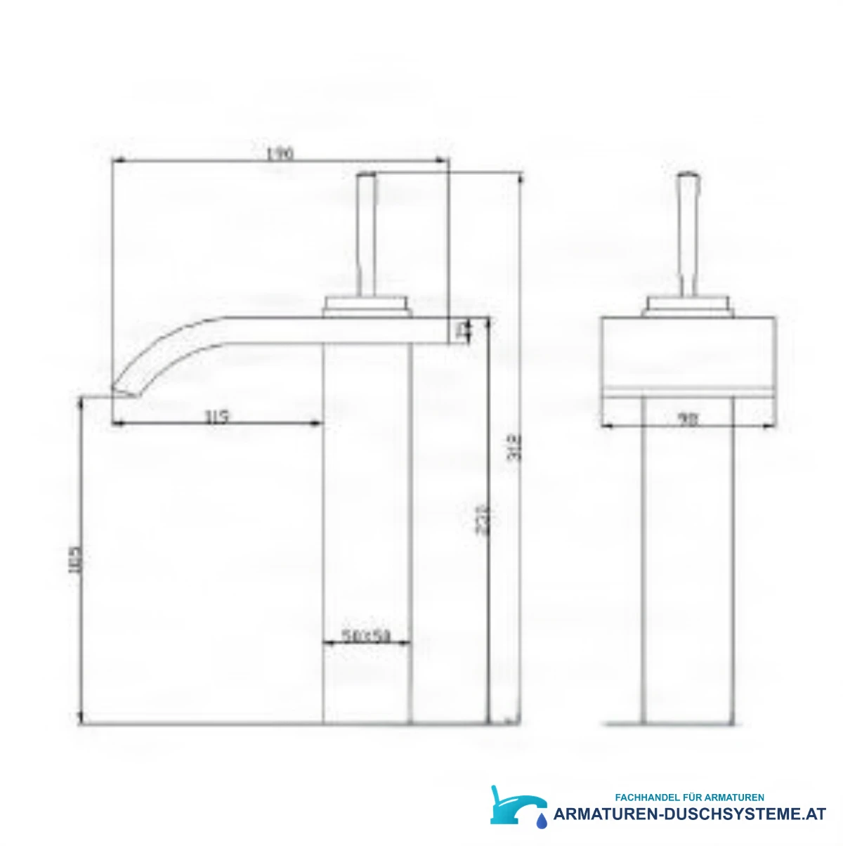 Technische Zeichnung der Wasserfall-Waschtischarmatur EYN0145 mit 170 mm Breite und 119 mm Ausladung