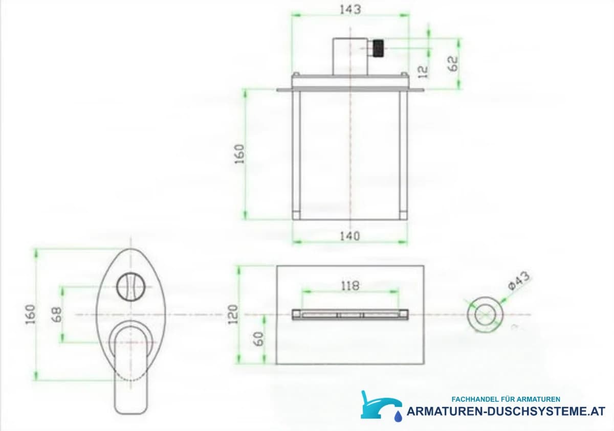 Technische Zeichnung der Unterputz-Wannenarmatur mit LED-Beleuchtung PSK7917 (160 × 143 × 62 mm)