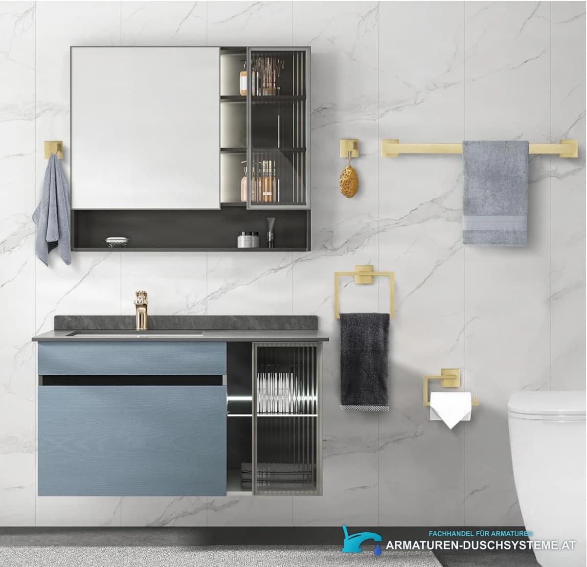 Badezimmer-Aufhänger-Set BA1214 in gebürstetem Gold, montiert an einer Marmorwand