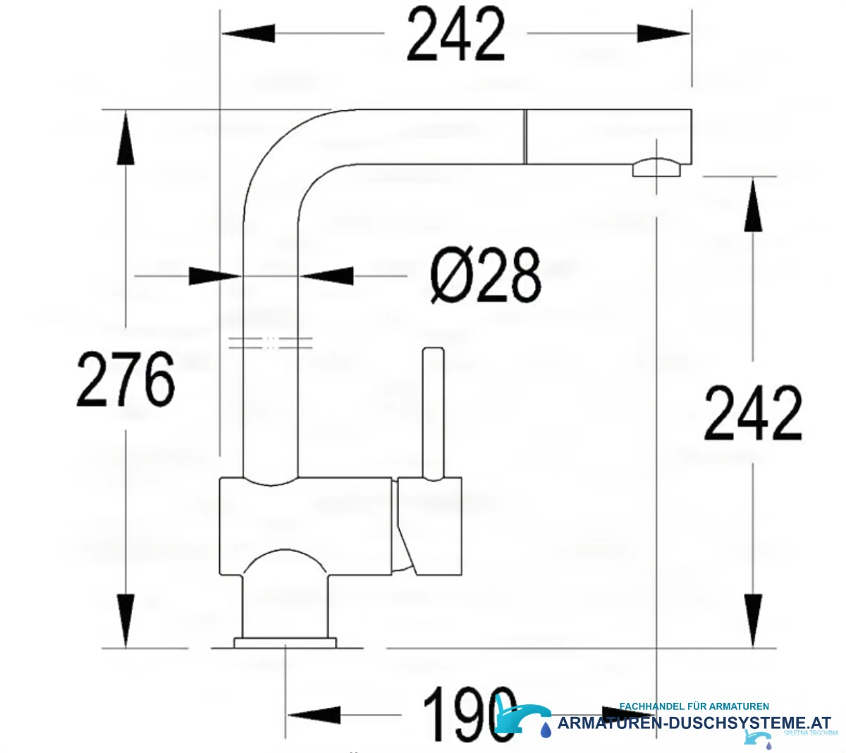 Technische Zeichnung der Niederdruckarmatur EYN NT1642, 242 × 276 mm
