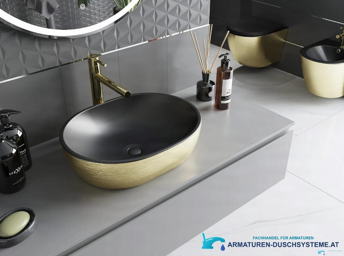 Deluxe-Aufsatzwaschbecken GU1798 in Mattschwarz und gebürsteter Goldoptik