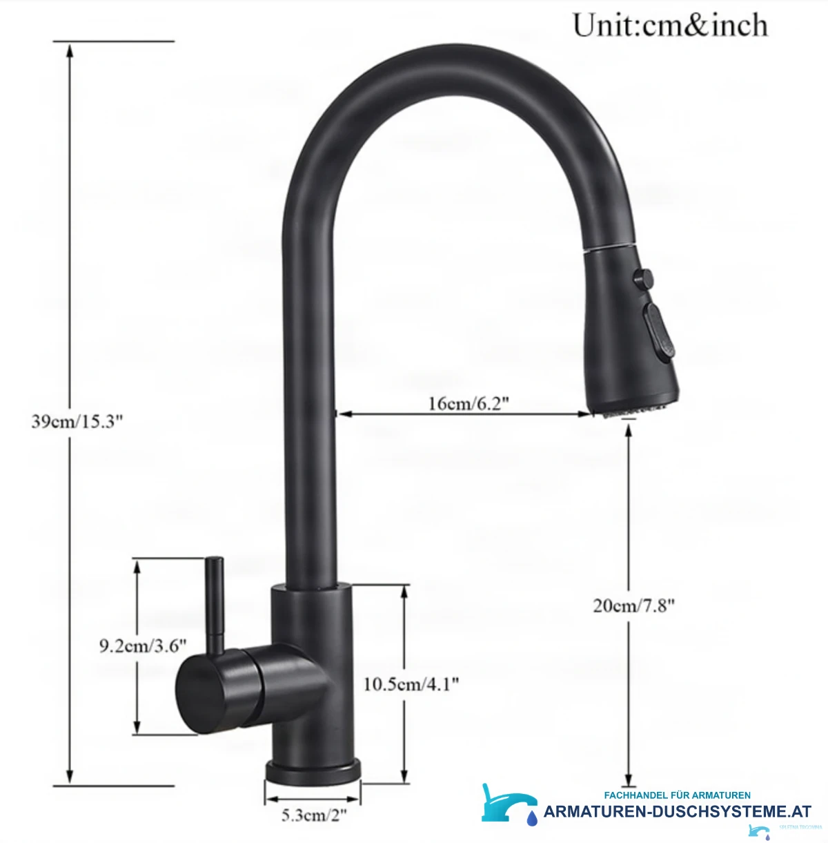 Technische Zeichnung der ausziehbaren Küchenarmatur KZI6168 mit 39 cm Höhe und 16 cm Ausladung