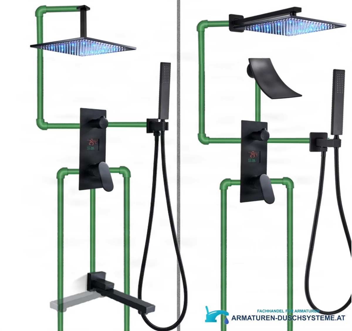 Unterputz-Duschsystem EYN PT1036 mit LED-Regendusche und Wasserfall in Mattschwarz