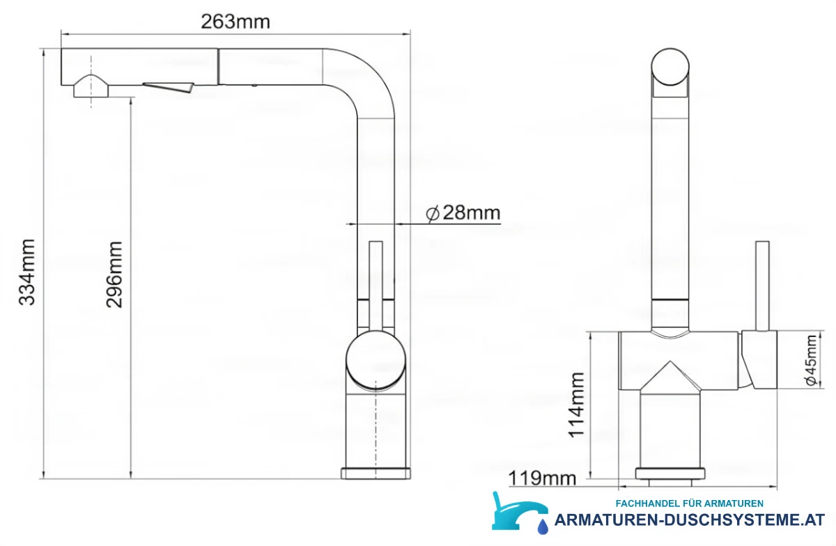 Technische Zeichnung der Niederdruck-Küchenarmatur NTB2003 (334 × 263 mm, Ø 28 mm)