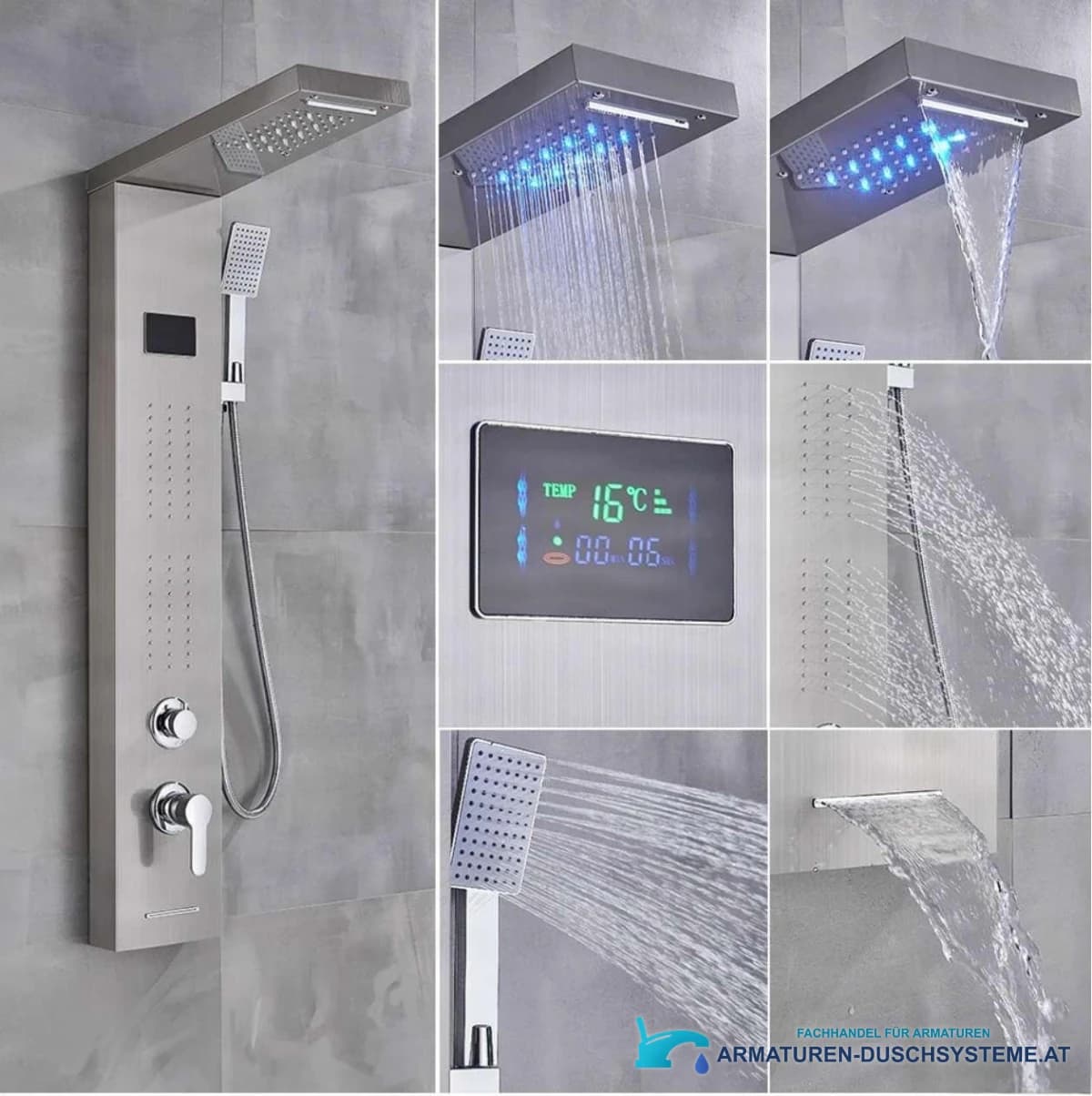 Luxus LED-Duschpaneel BSP1912 — gebürstete Oberfläche und fünf Wasserfunktionen