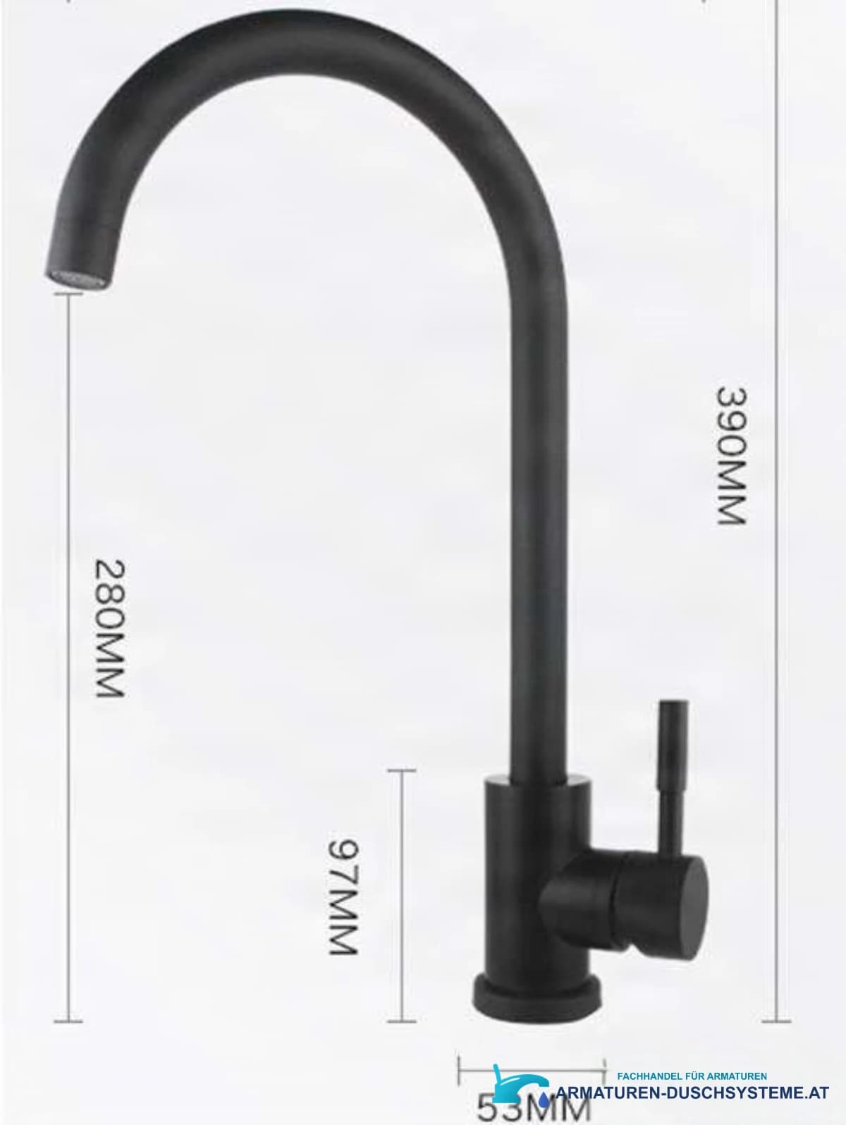 Technische Darstellung der Küchenarmatur BK1343 mit 390 mm Höhe und 280 mm Auslaufhöhe