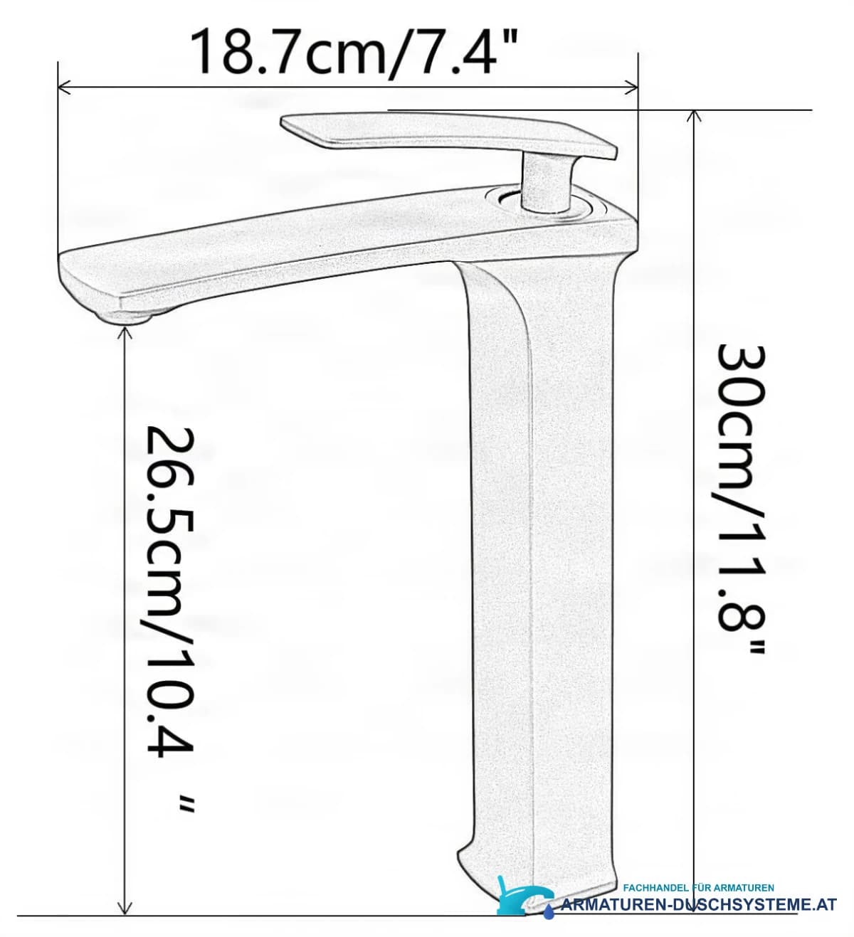 Technische Zeichnung der Elite Edition Waschtischarmatur BC1351 (30 × 18,7 cm)