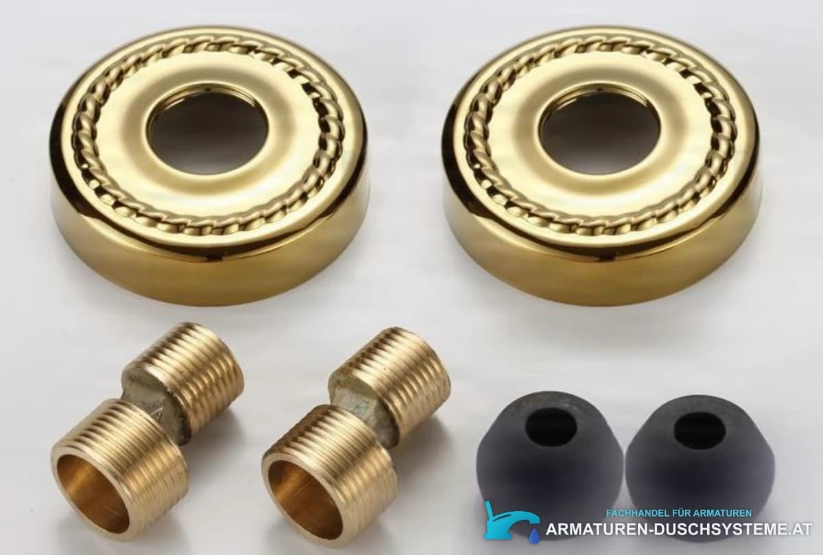 Detail der goldenen Rosetten, Gewindeadapter und Dichtungen des Duschpaneels NTG87262