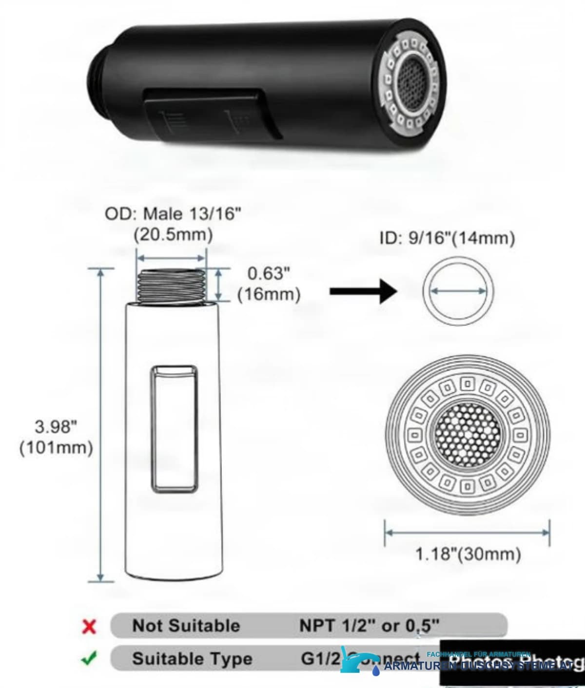Technische Zeichnung des Küchenarmatur-Sprühkopfs PKF1422 (101 × 30 mm, G1/2)