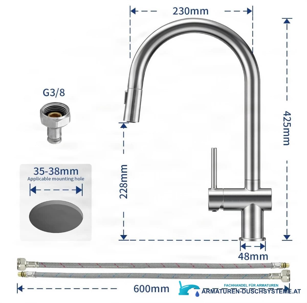 Spezifikationen der Küchenarmatur KL1109: Edelstahloptik, 425 mm Höhe, G3/8-Anschluss