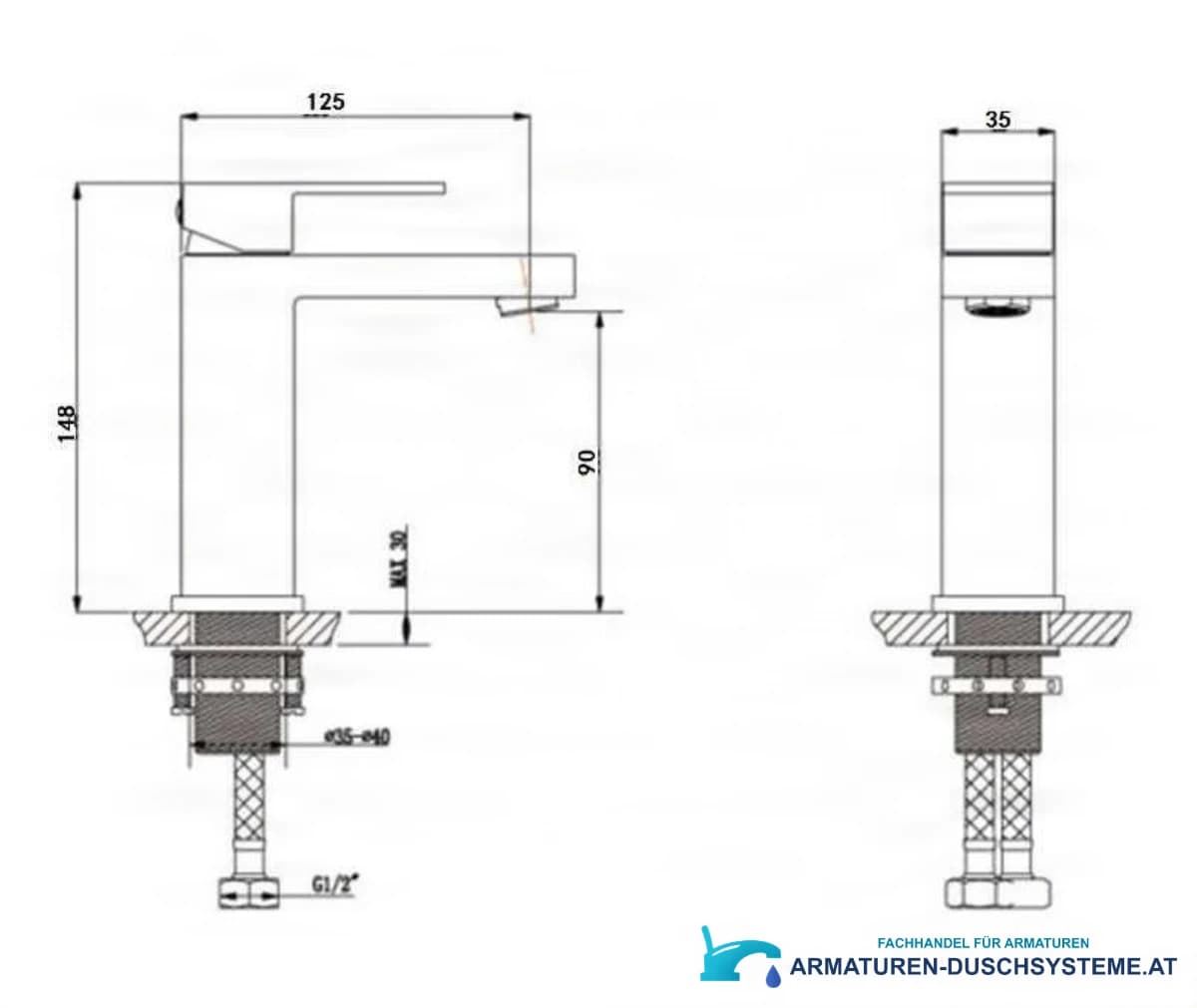 Technische Zeichnung der Badarmatur BC1320 (148 × 125 × 35 mm, G1/2)