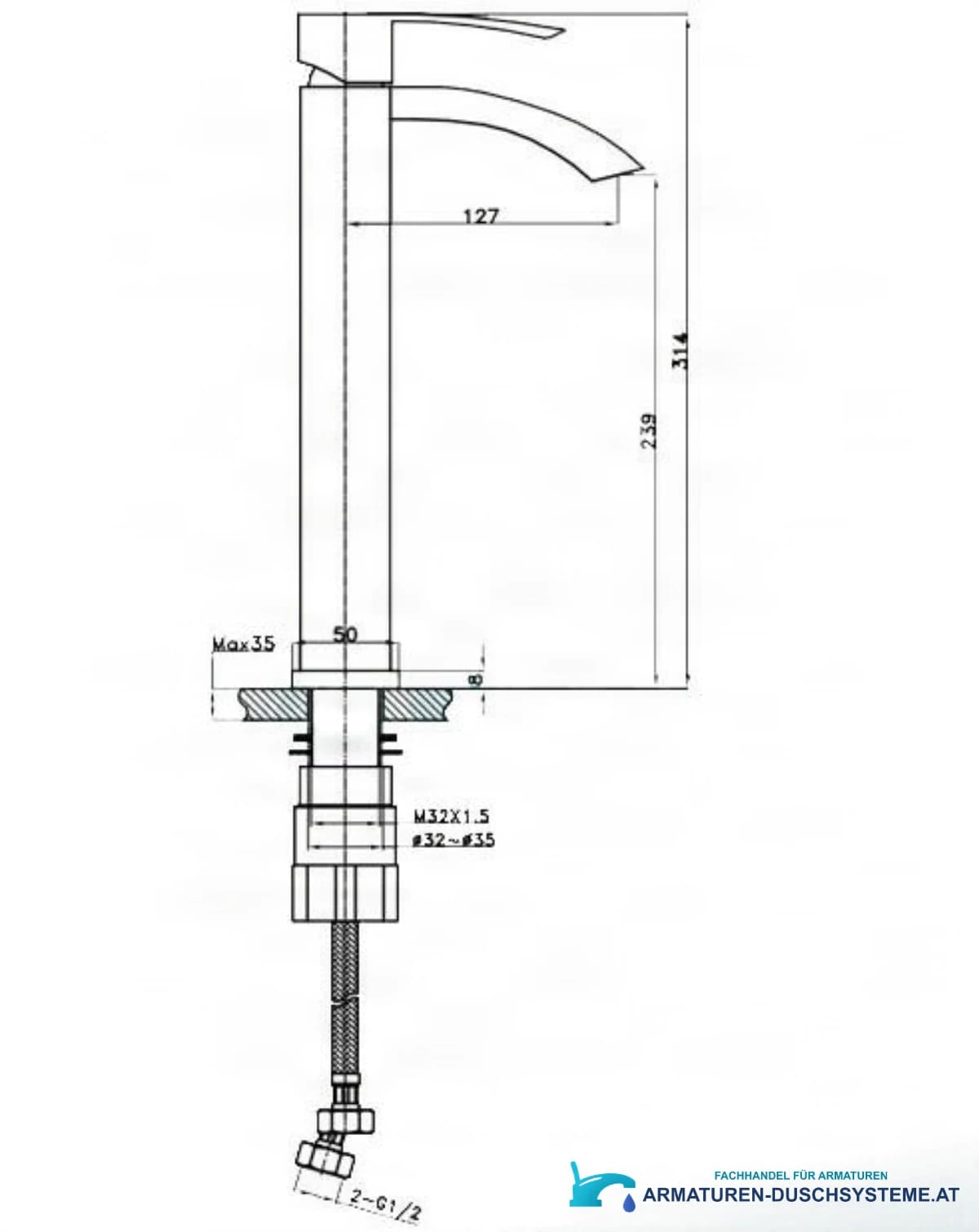 Technische Zeichnung der Badarmatur EYN 017 (314 mm, Ausladung 127 mm)