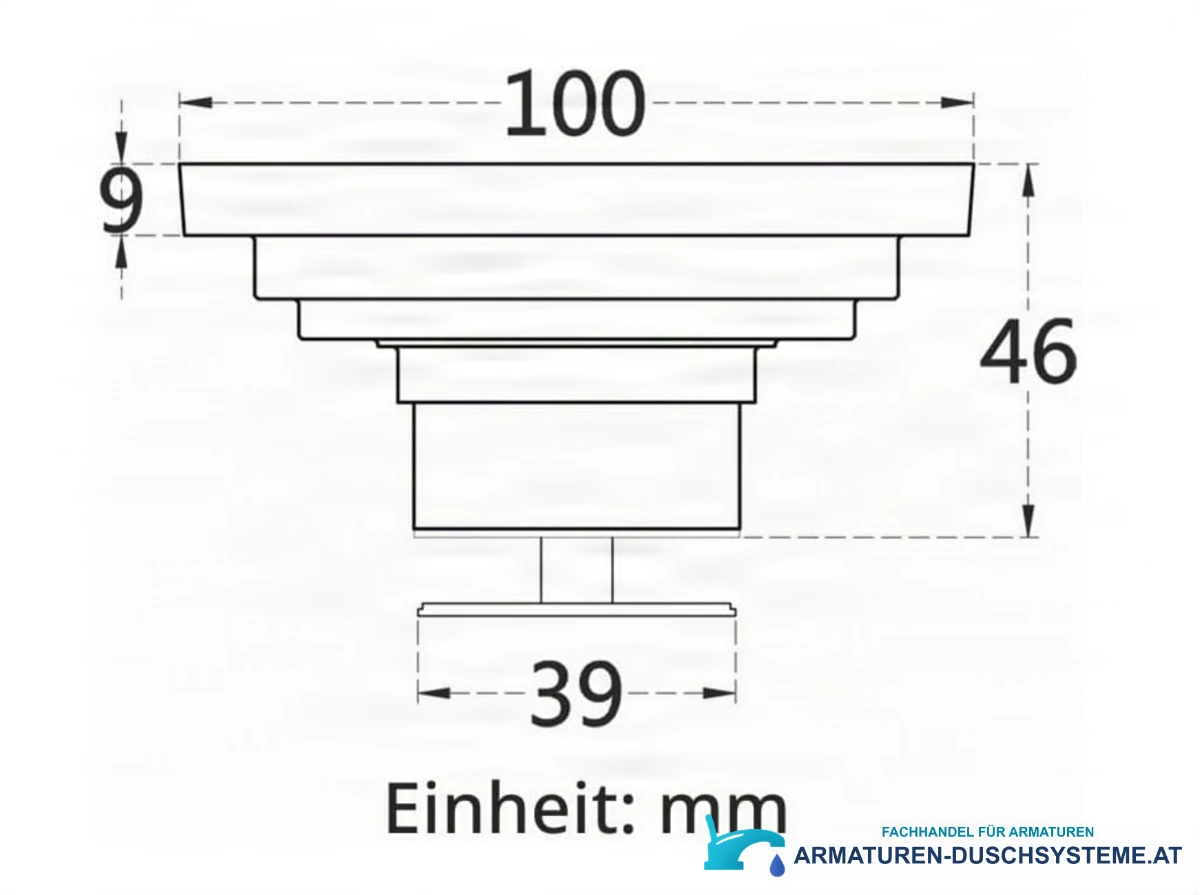 Technische Zeichnung des quadratischen Duschablaufs AS2151 (100 mm, 46 mm, 39 mm)