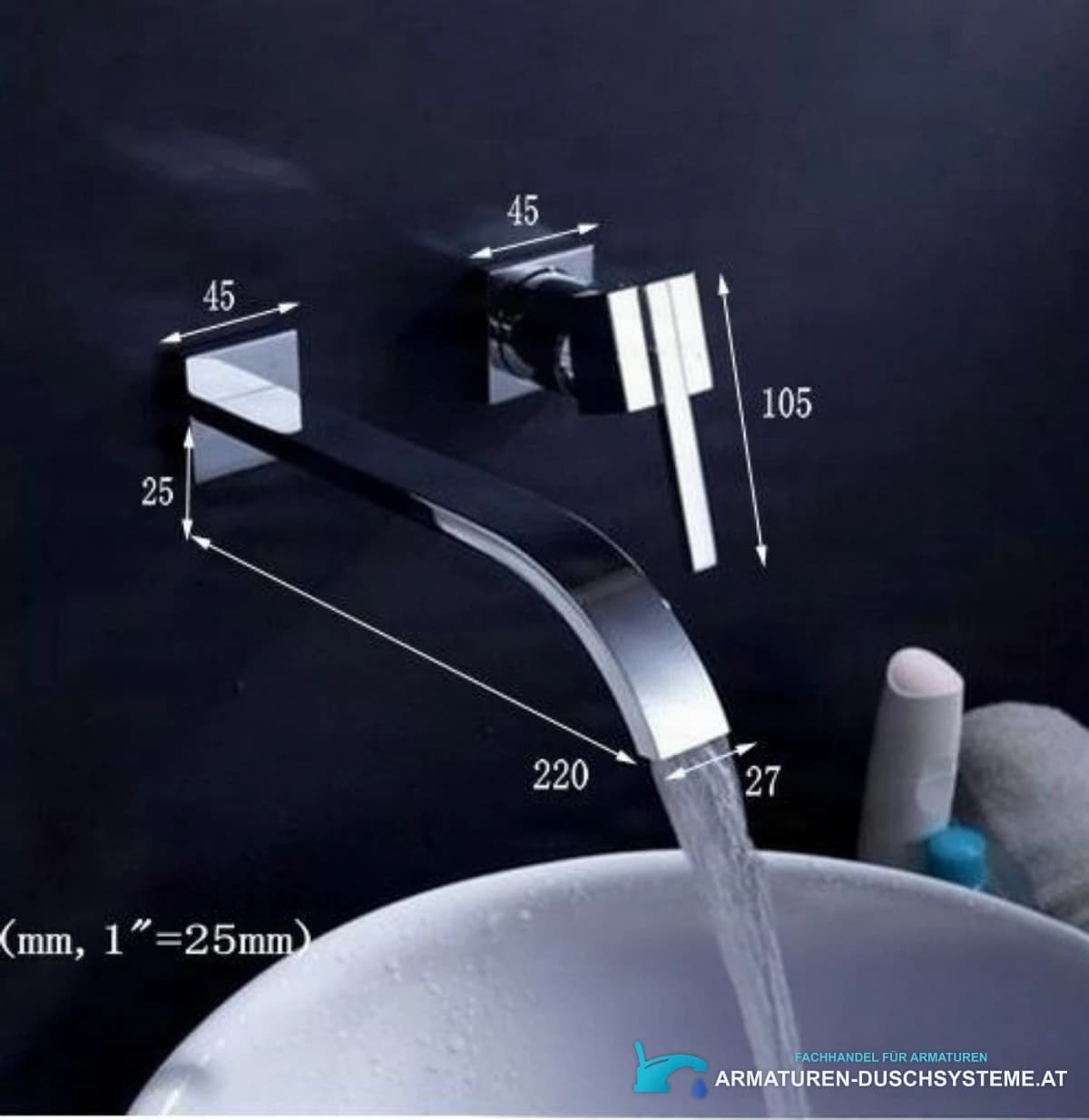 Maße der Waschtisch-Wandarmatur EYN4301: Ausladung 220 mm